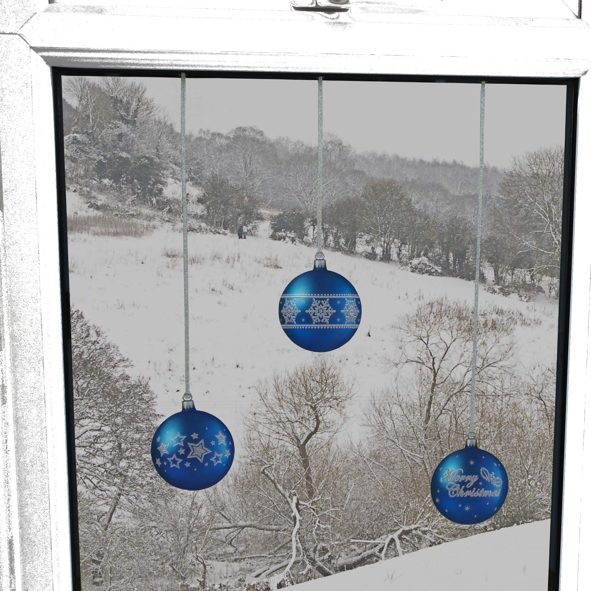 12 Pack Blue Glitter Window Clings with Strings - Holiday & Seasonal Decor for Windows, Glass Doors, and Office Partitions - Christmas, Halloween, and Party Decoration