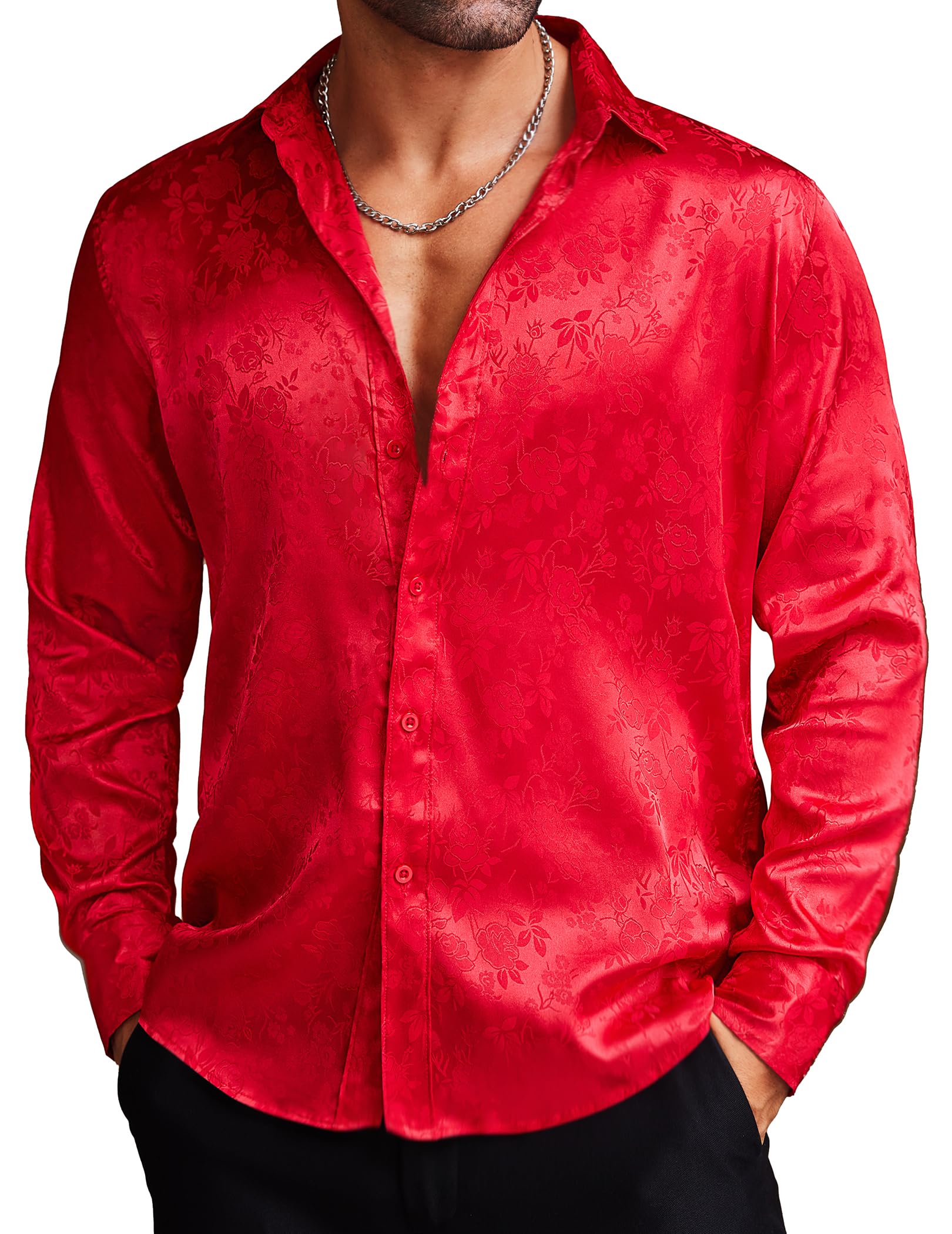 COOFANDY Men's Silk Satin Dress Shirt - Jacquard Long Sleeve Floral Button Down Shirt for Wedding, Prom, Party & Formal Occasions | Elegant Business & Evening Wear