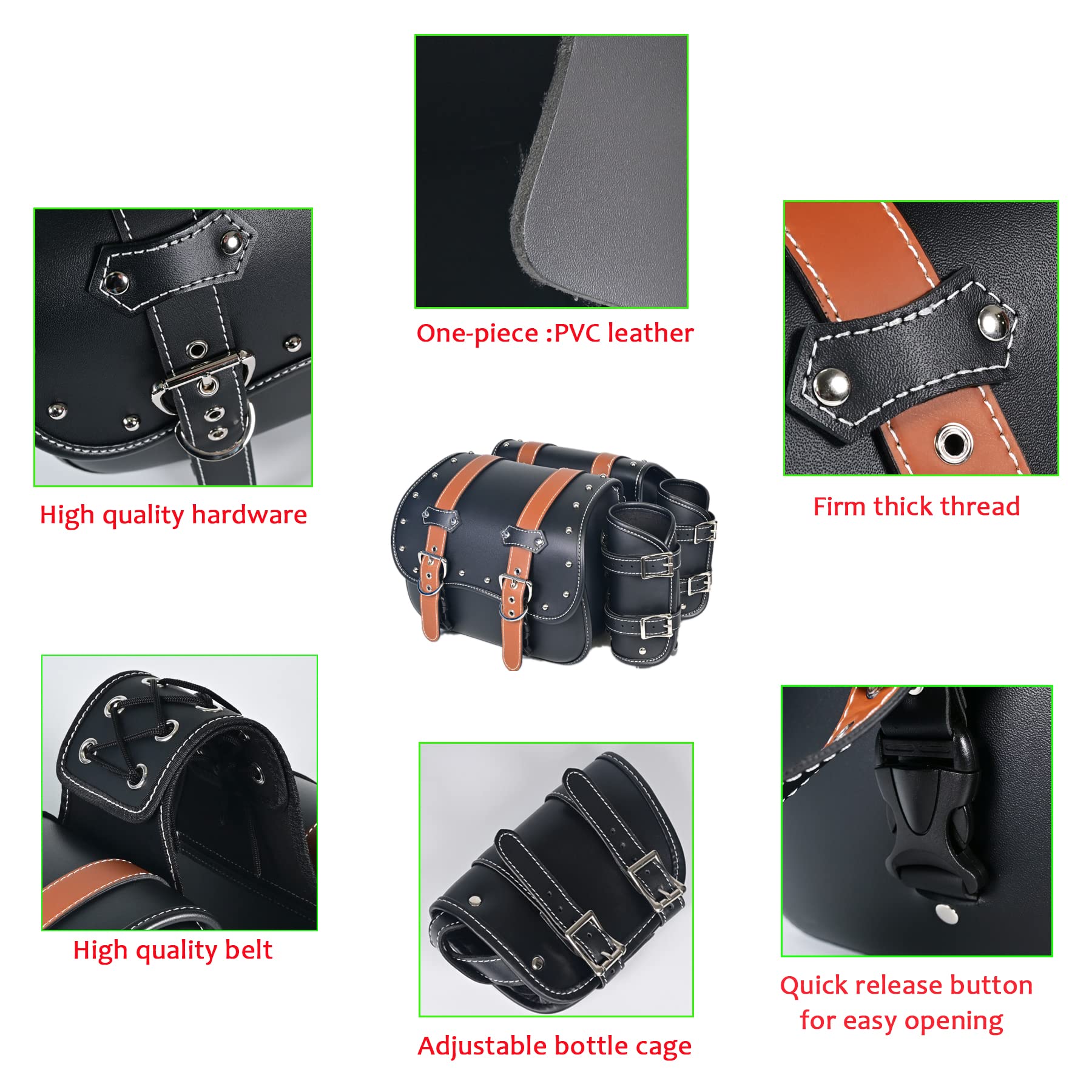 Premium PVC Leather Motorcycle Saddlebags - Universal Throw Over Panniers with Cup Holder & Side Tool Storage | Waterproof Motorbike Side Bags (1 Pair, Brown Belt & Black) | Perfect for Long Rides, Commuting & Adventure Touring