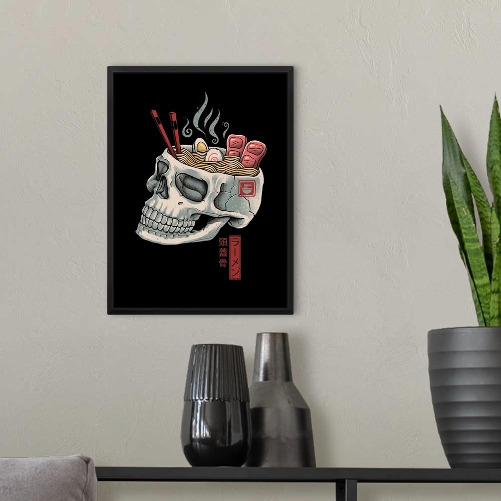Ramen Skull Black Float Frame Canvas Art - Gothic Skull & Bones Wall Decor for Home, Office, or Restaurant | Unique Dark Aesthetic Painting