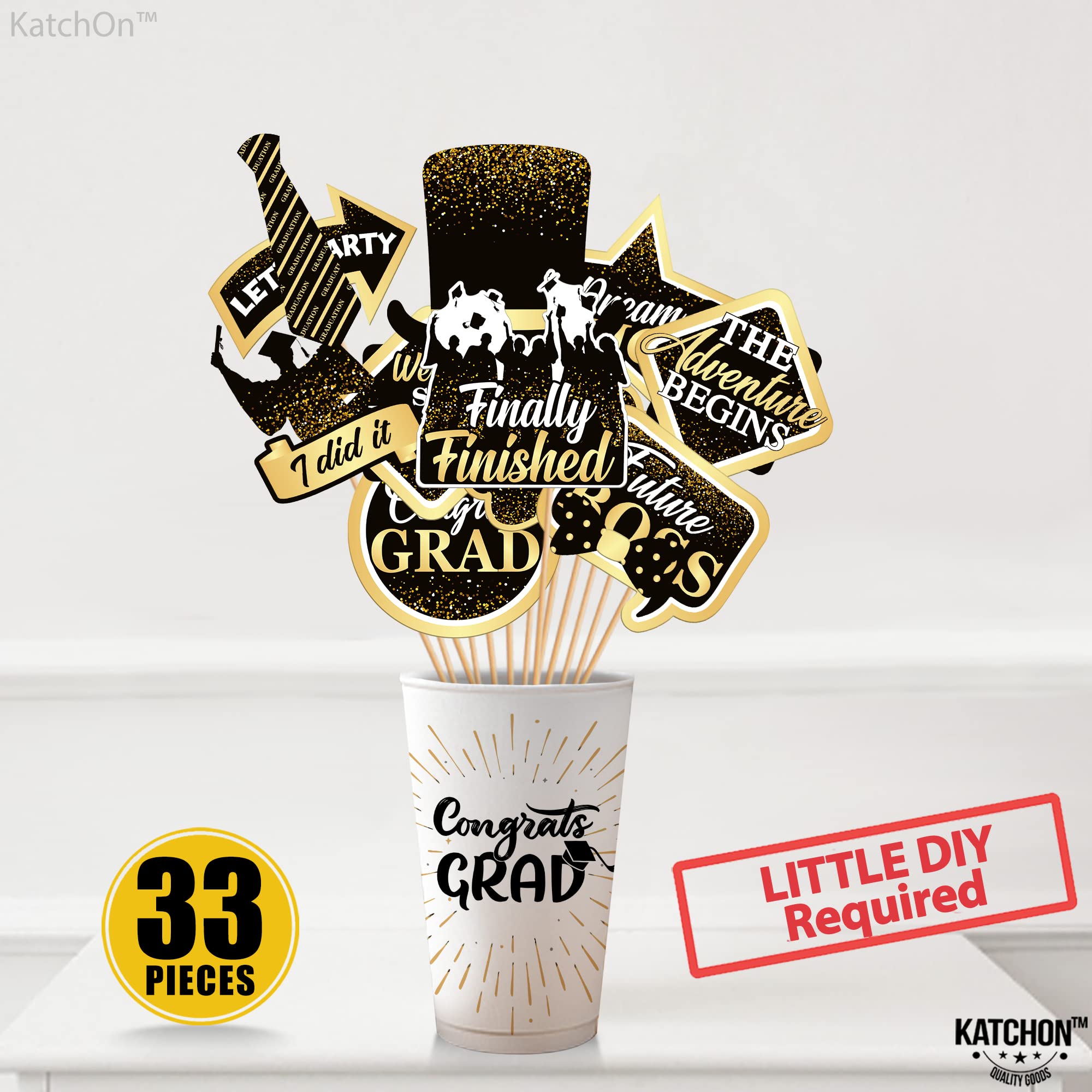 KatchOn 33-Piece Black & Gold Graduation Photo Booth Props Kit - Class of 2025 Decorations for Grad Parties, Commencement Celebrations & Senior Year Memories