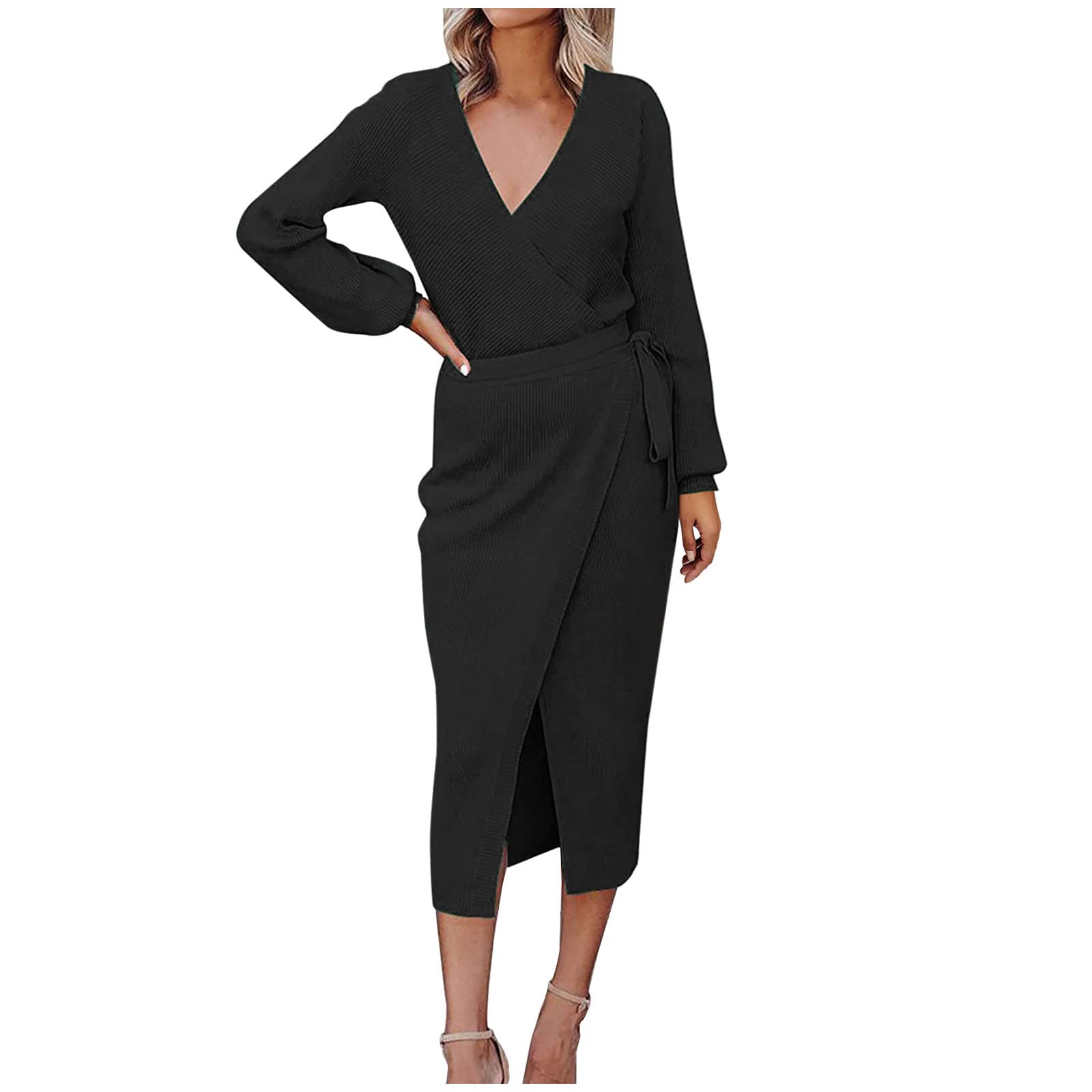 Sexy Women's Midi Dress - Long Sleeve V-Neck Tie-Up Tunic Dress for Autumn | Slim Fit Casual Wear for Date Night, Office & Fall Outfits