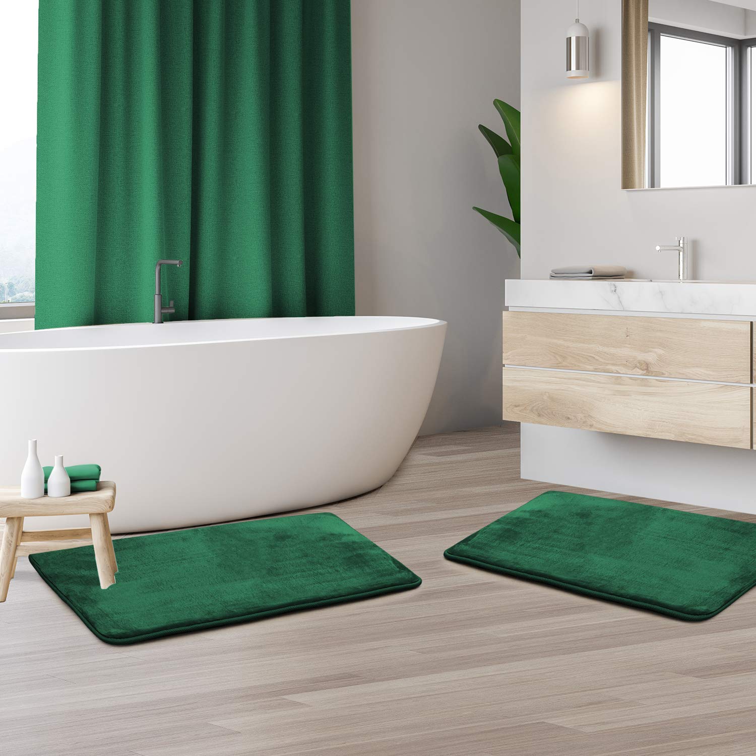 **Clara Clark Memory Foam Bath Mat Set of 2 - Ultra Soft Non-Slip Bathroom Rug, Super Absorbent & Fast Drying, Machine Washable (17x24 Inches, Hunter Green) - Perfect for Bathroom, Shower & Spa Comfort**