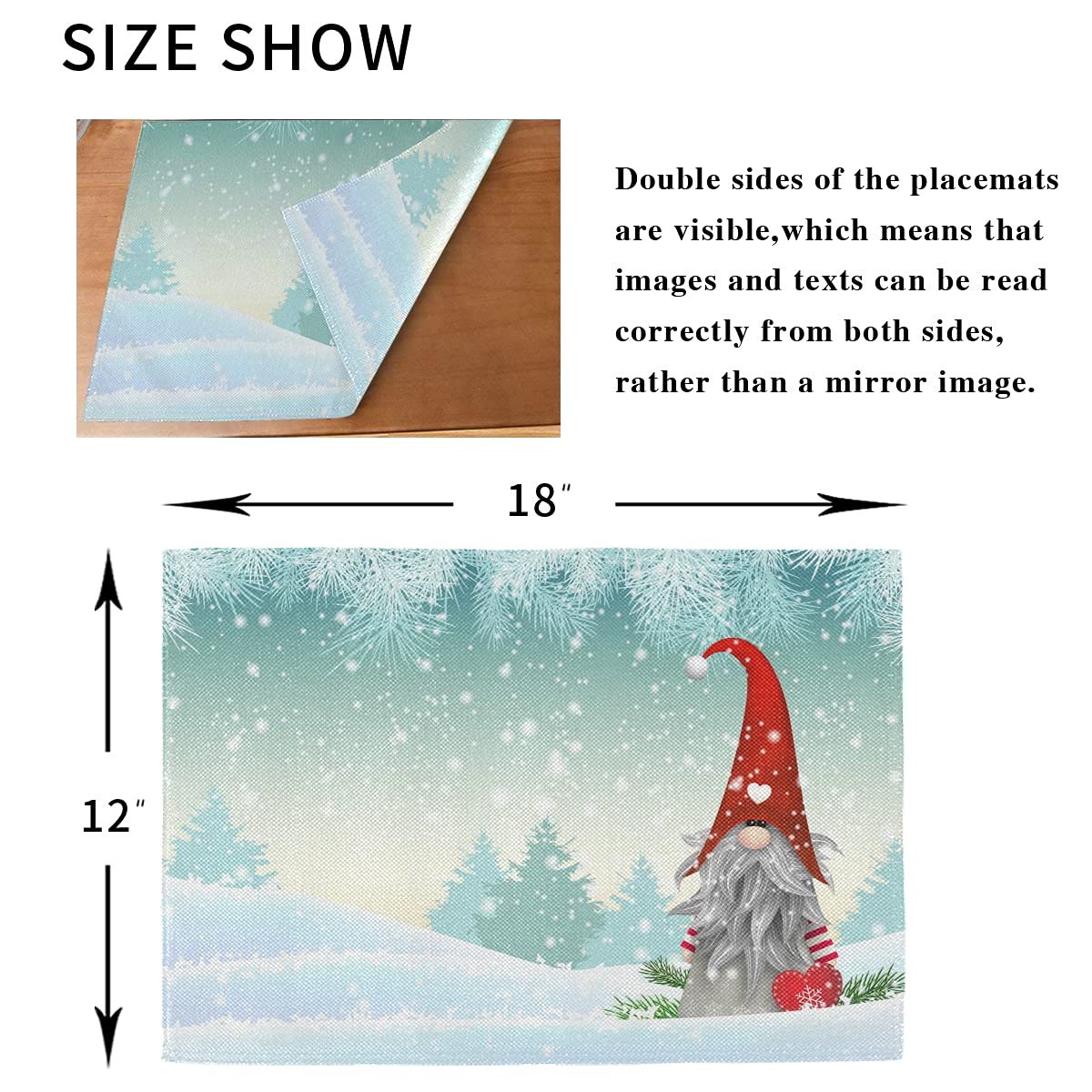 Bolaz Lovely Christmas Gnome Standing Snowfall Winter Placemats Set of 4 - Washable Snowflake Table Mats for Kitchen Dining Home Decor (12x18 inches) - Perfect for Holiday Parties, Winter Dinner Settings & Festive Home Decorations