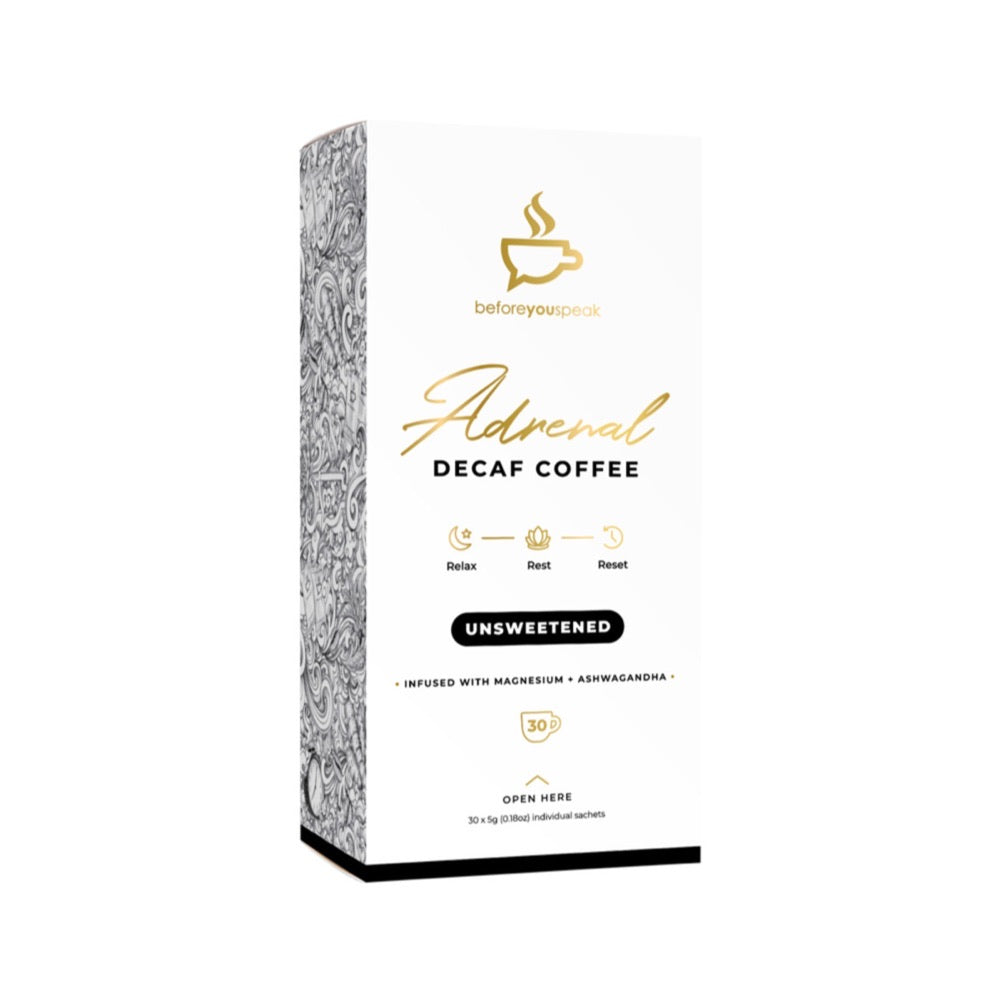 BEFORE YOU SPEAK Adrenal Decaf Coffee - Unsweetened Low Acid Coffee (5g x 7 Pack) - Perfect for Stress Relief & Relaxation at Home or Office