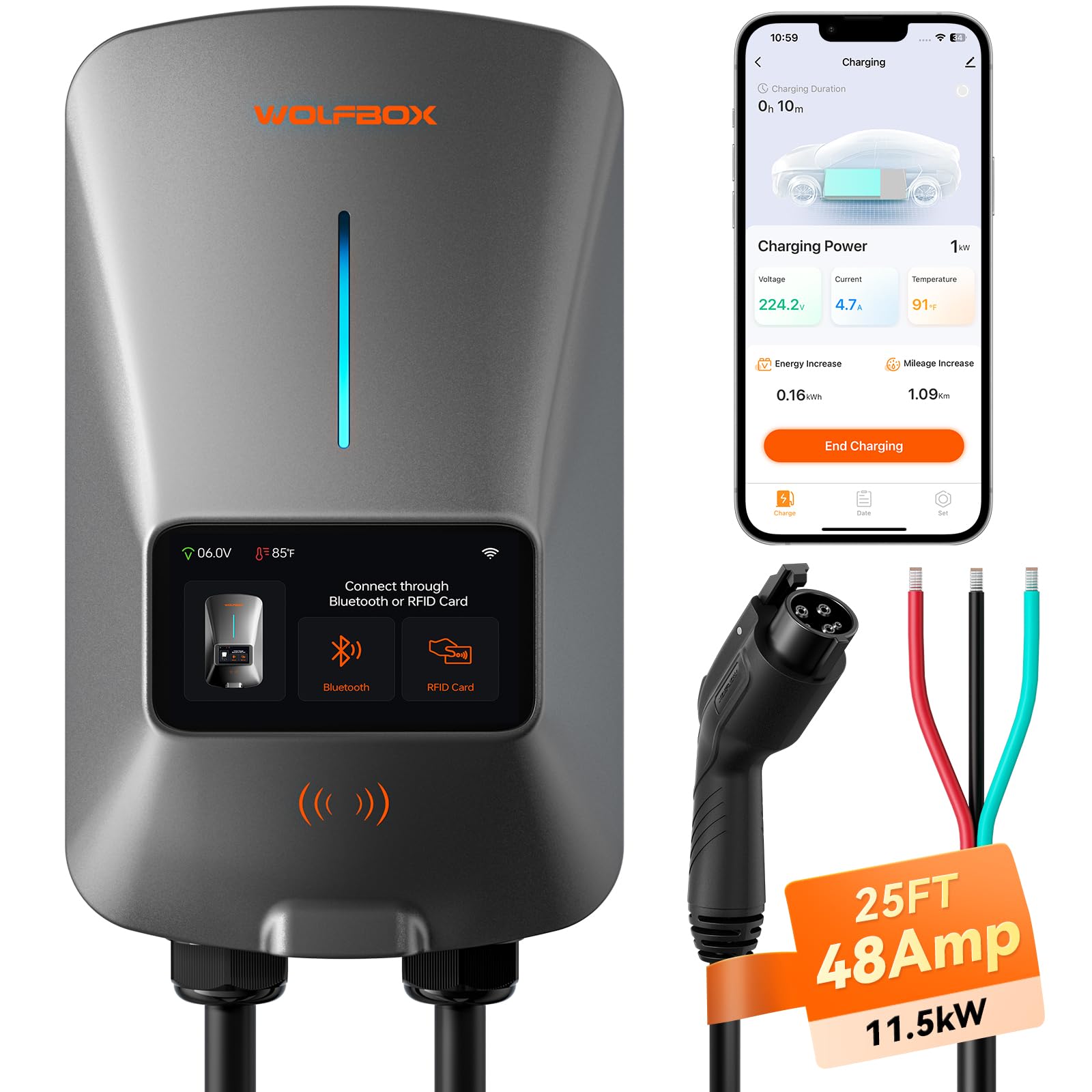 WOLFBOX 48A Level 2 EV Charger with Smart Display & RFID Card - 25ft Cable, WiFi Enabled, Hardwired 240V Electric Vehicle Charging Station for Indoor/Outdoor Use - Perfect for Home, Garage, and Workplace Charging