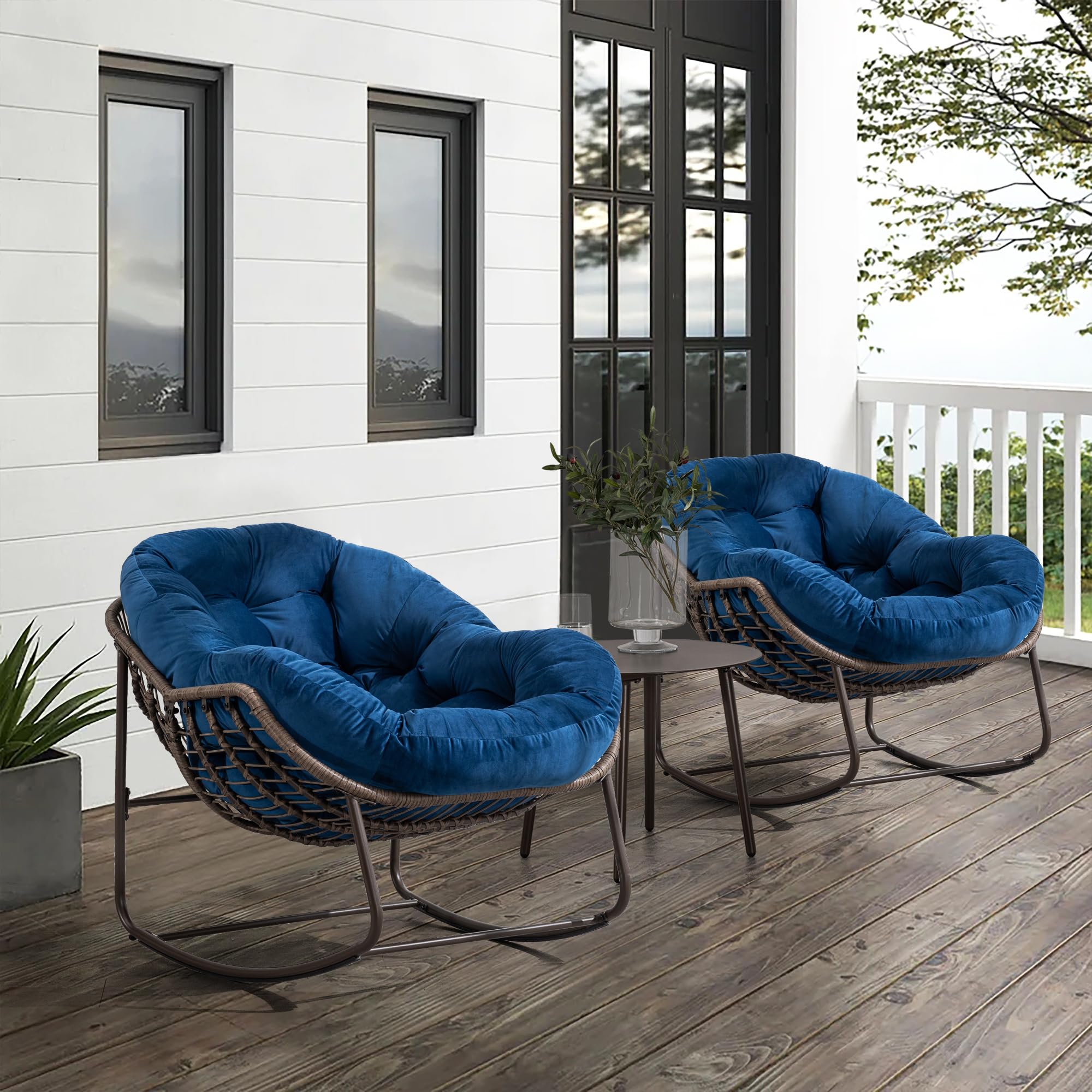 Oversized Wicker Papasan Glider Rocking Chair - Comfortable Patio & Indoor Rocker Recliner for Living Room, Nursery, Bedroom, Front Porch - Blue Accent Lounge Chair for Relaxing, Reading & Napping (1 Chair)