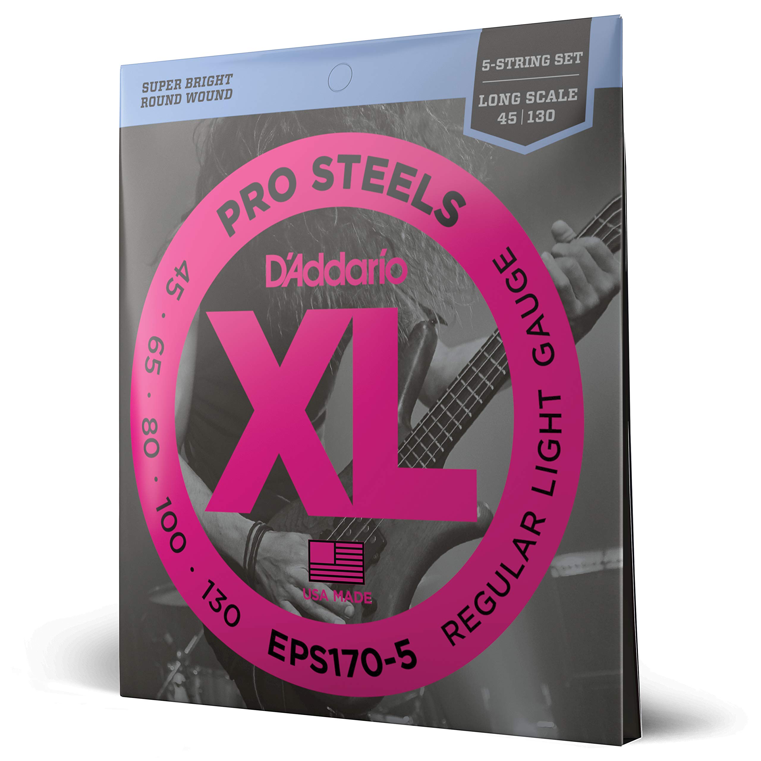 D'Addario XL Pro Steels Bass Guitar Strings 5-String Set (EPS170-5) - Long Scale, Regular Light Gauge 45-130 - Perfect for Rock, Metal & Studio Recording - Pack of 1