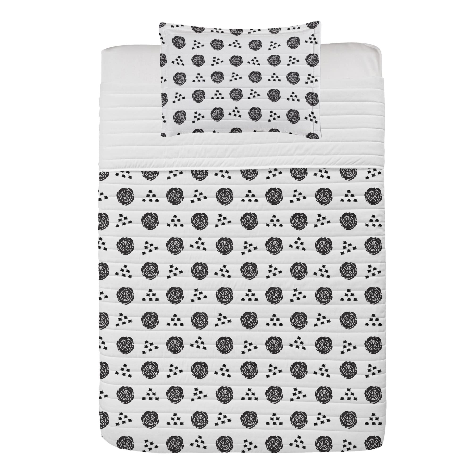 Ambesonne Rose Microfiber Bedspread Set - Twin Size Charcoal Grey & White | Soft Doodle Rose Pattern Comforter with Pillow Sham | Perfect for Bedroom Decor, Guest Room & Cozy Home Styling