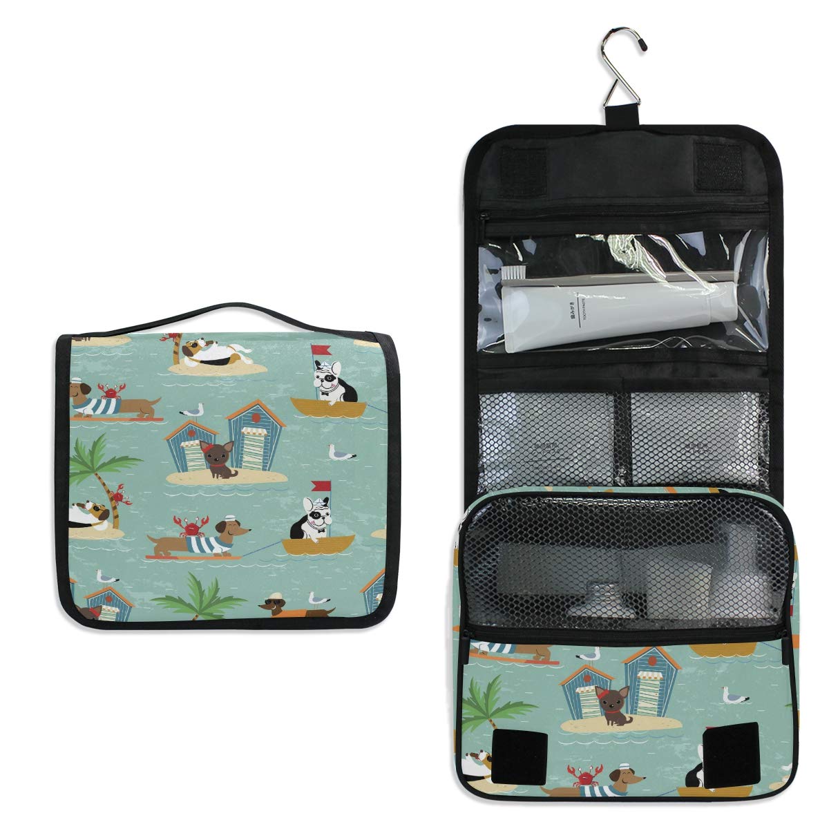 Moyyo Hanging Toiletry Bag for Travel - Waterproof Beach Bulldog Dachshund Beagle Dog Print Cosmetic Organizer - Portable Wash Bag for Gym, Camping, Women, Girls & Kids - Perfect for Vacations, Outdoor Adventures & Daily Use