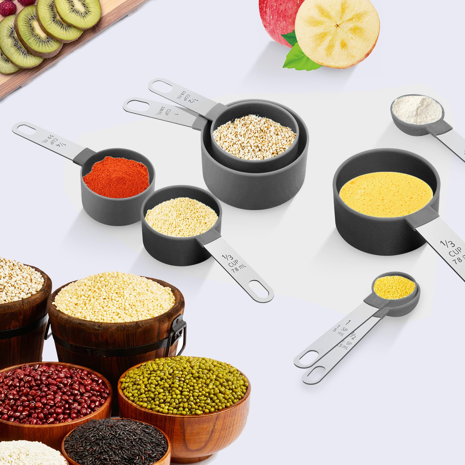 **Stainless Steel Measuring Cups and Spoons Set - Nesting Dry & Liquid Measuring Cups with Plastic Handle - Essential Baking & Cooking Tools for Kitchen (Black)**    *Perfect for baking, cooking, meal prep, and precise ingredient measurement in professional and home kitchens.*