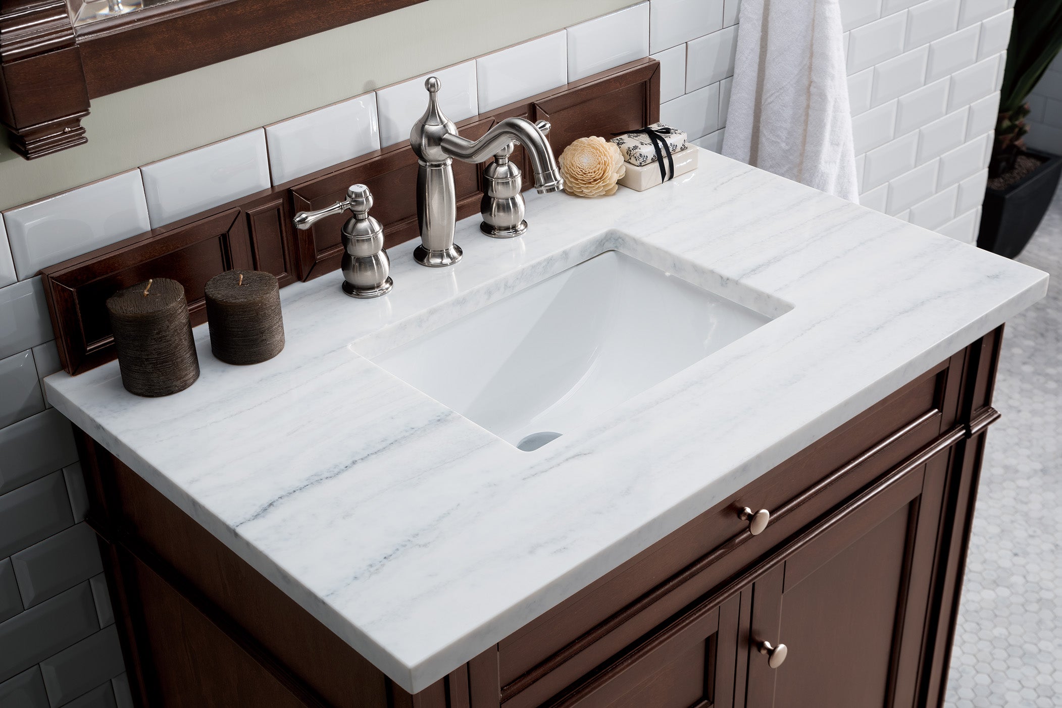 Brittany 36 Inch Burnished Mahogany Bathroom Vanity with 3CM Arctic Fall Solid Surface Top - Modern Single Sink Vanity for Master Bathroom & Powder Room Remodel