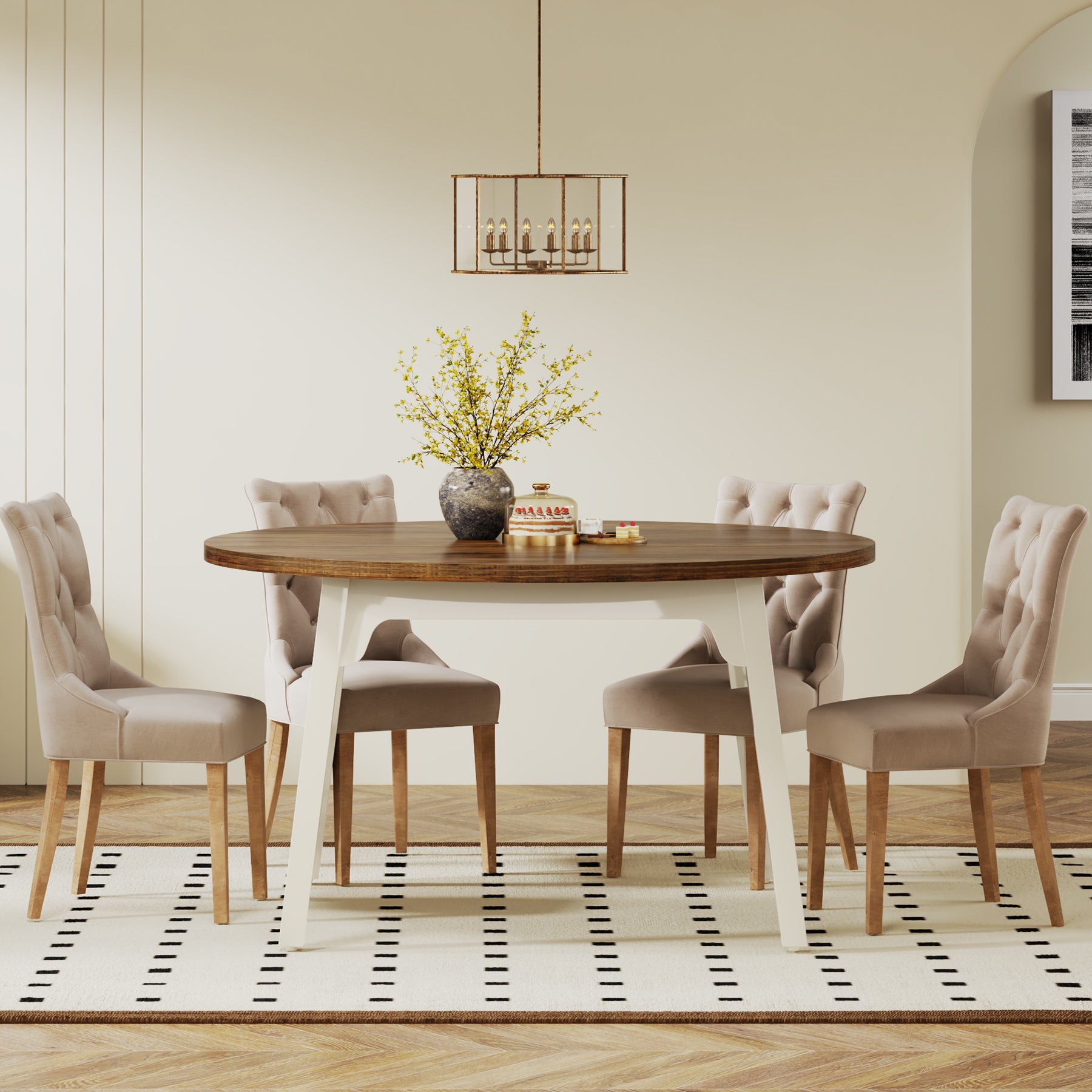 47 Inch Round Farmhouse Dining Table - Solid Wood Kitchen Table for 4-6 People | Perfect for Family Meals, Dinner Parties & Small Space Dining Rooms