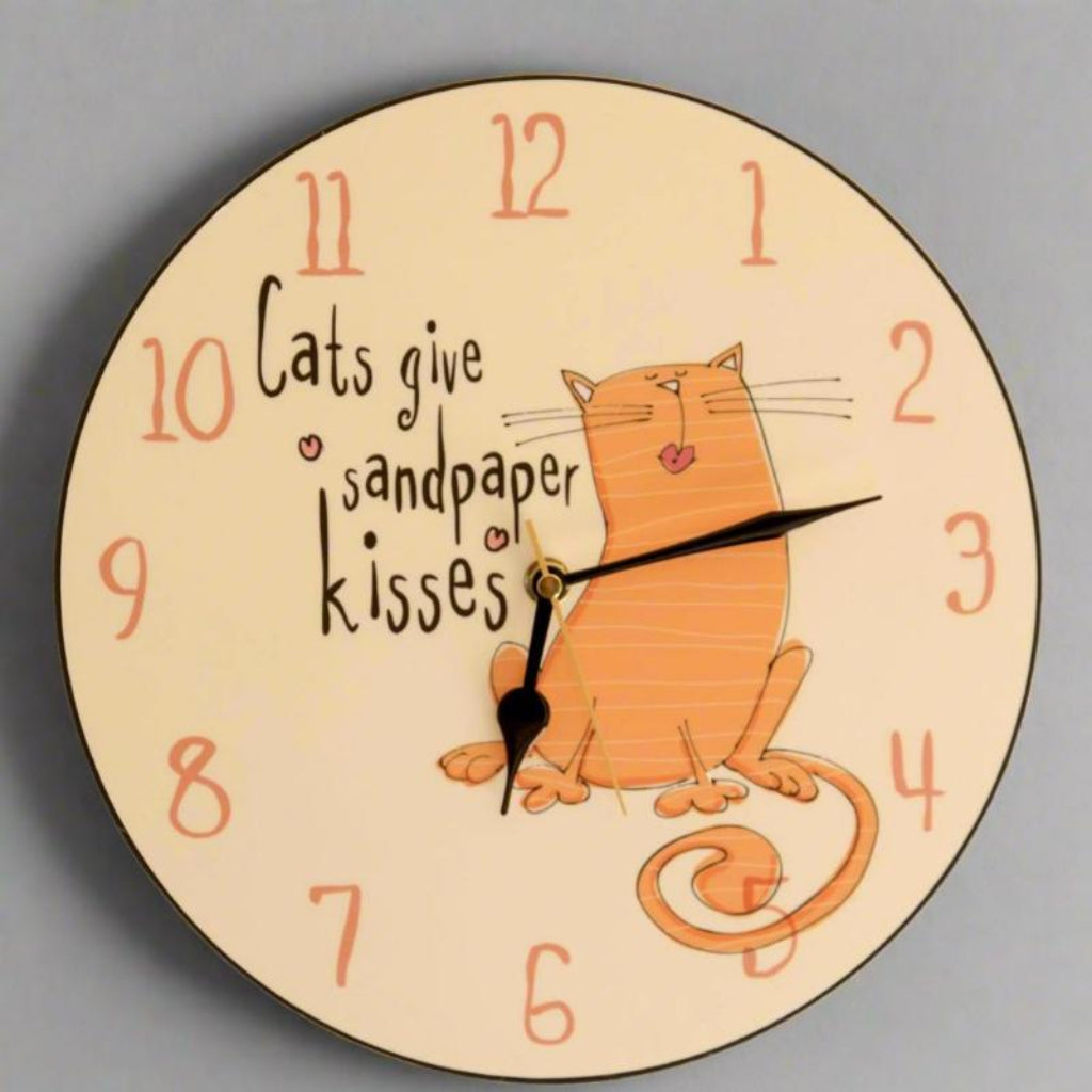 Large 28.3cm Cat Wall Clock - Wooden Quartz Clock with 'Cats Give Sandpaper Kisses' Design - Made in UK - Perfect for Home, Office, and Cat Lovers' Decor
