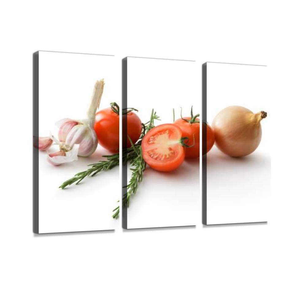 Blaverr 3-Panel Modern Wall Art Set - Tomato, Onion, Garlic & Rosemary Canvas Prints for Home Decor - Ready to Hang Kitchen & Dining Room Wall Decor - Perfect for Farmhouse, Rustic & Contemporary Interior Design