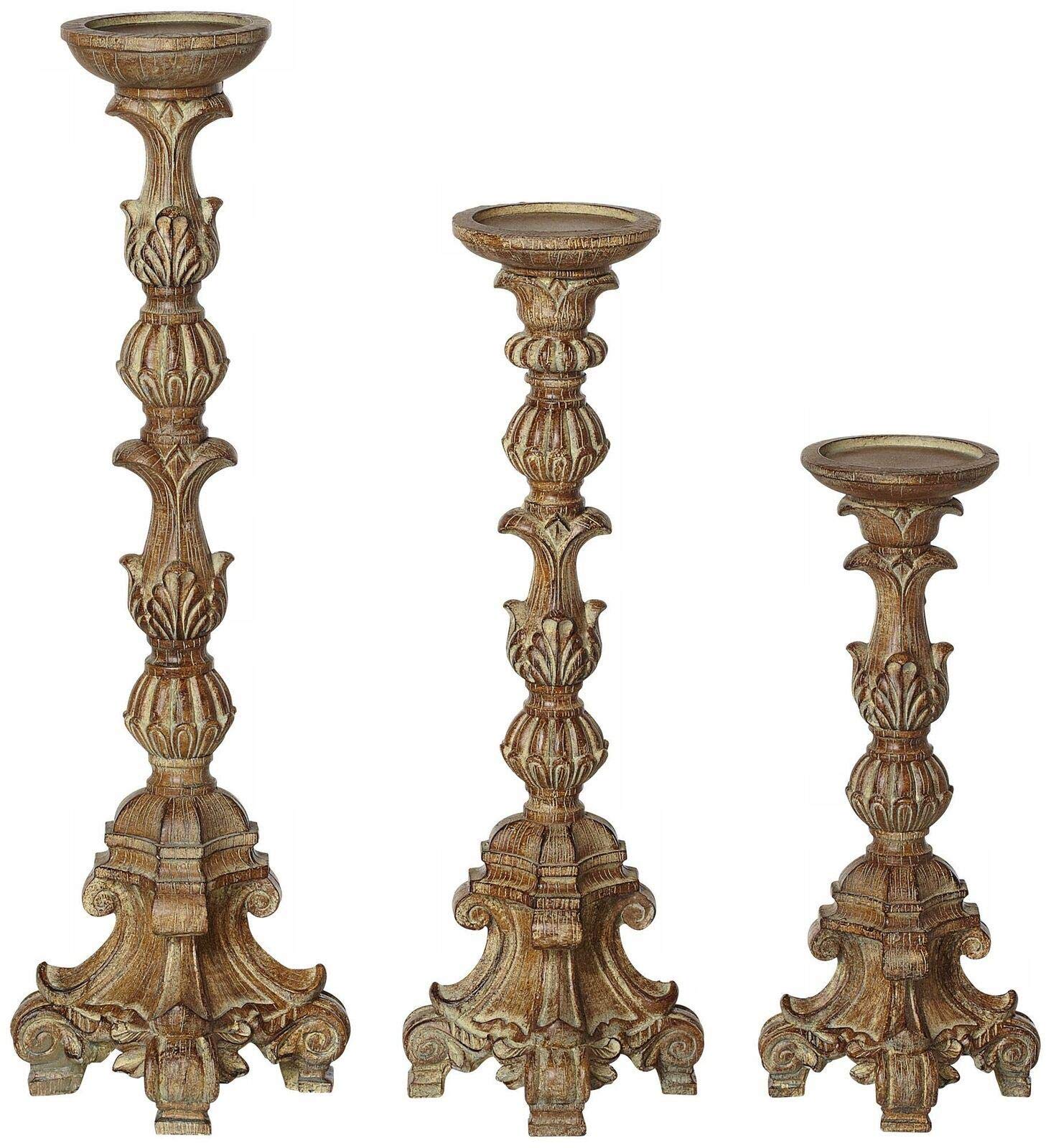 Exotic Carved Pillar Candle Holders Set of 3 - Halloween Table Centerpiece Decor, Candlestick Holders for Dining Room, Wedding, Party & Home Decor