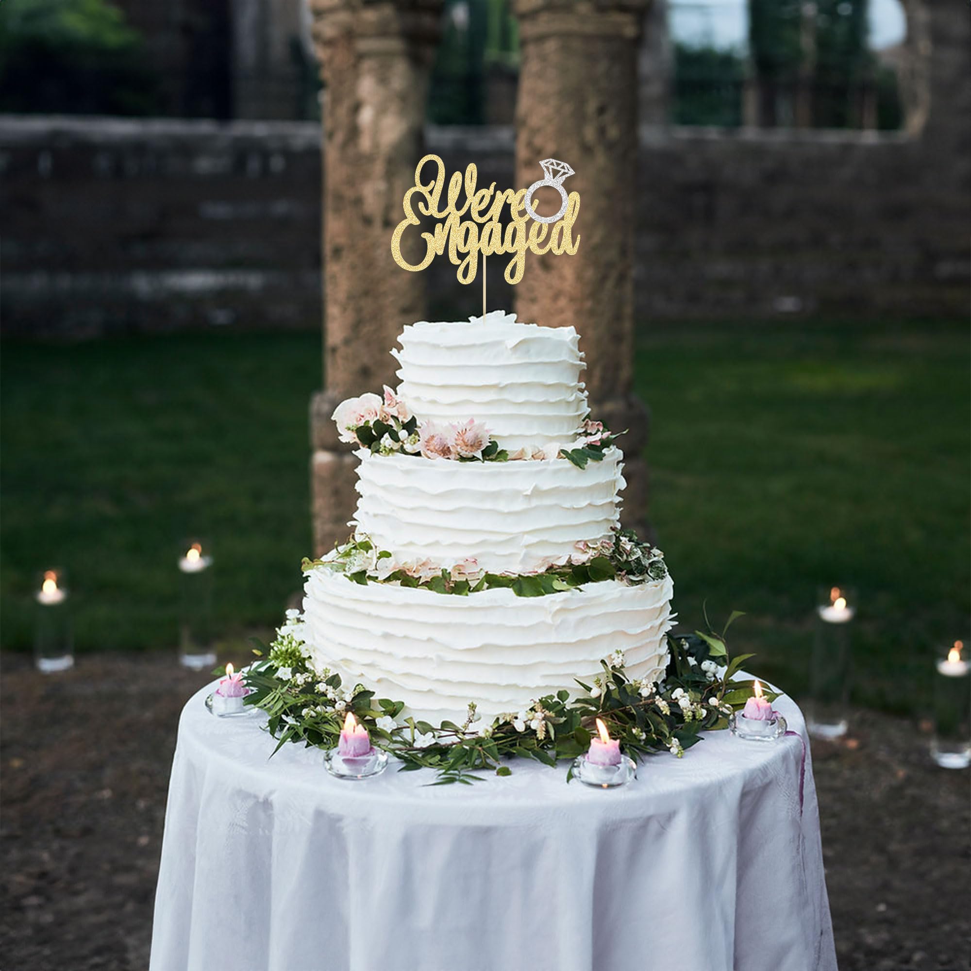 Gold 'We're Engaged' Cake Topper with Ring Glitter - Elegant Bridal Shower & Wedding Engagement Cake Decoration for Theme Parties - Perfect for Anniversary, Proposal, and Romantic Celebrations