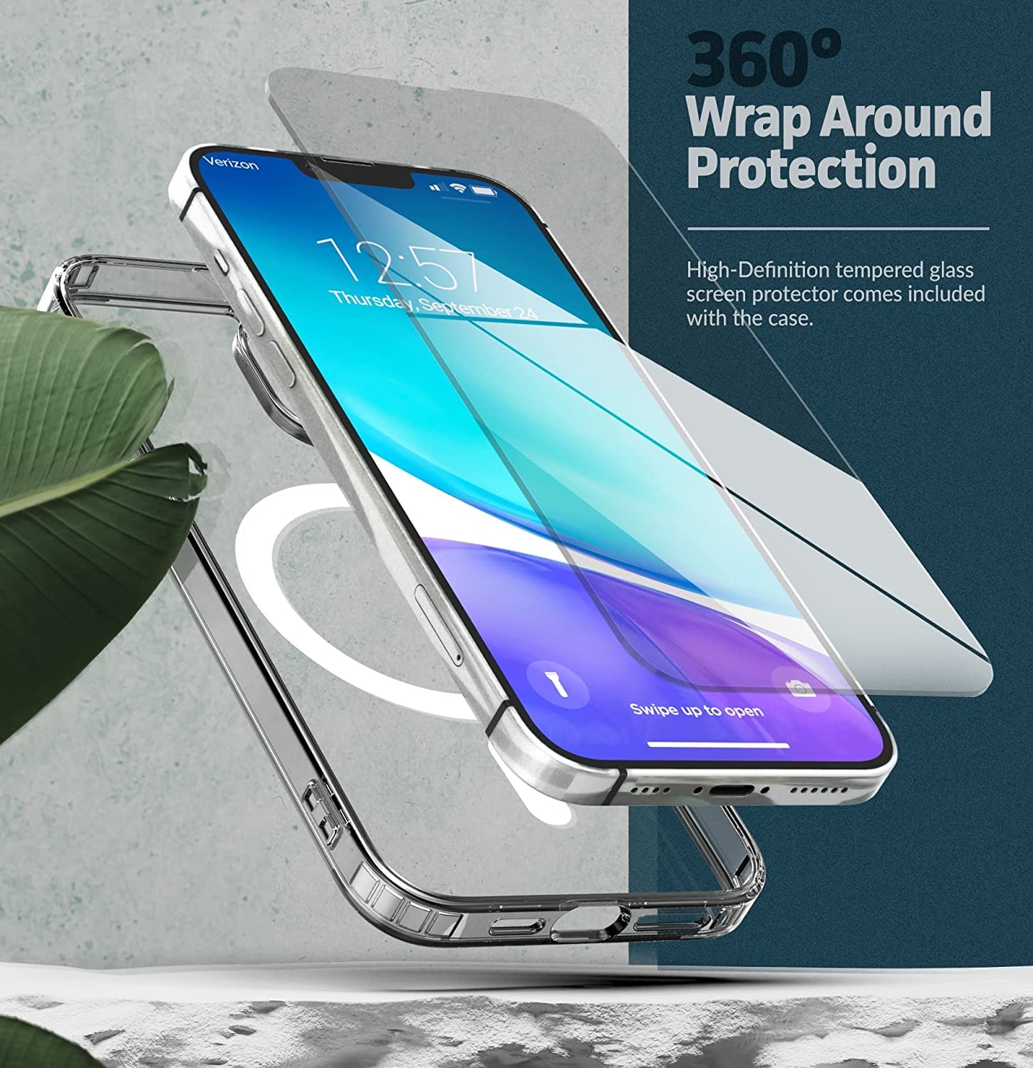 ENCASED iPhone 14 Pro Clear Case with Card Holder - Magsafe Compatible Protective Cover | Includes Leather Wallet & Tempered Glass Screen Protector | Perfect for Everyday Use, Travel & Wireless Charging