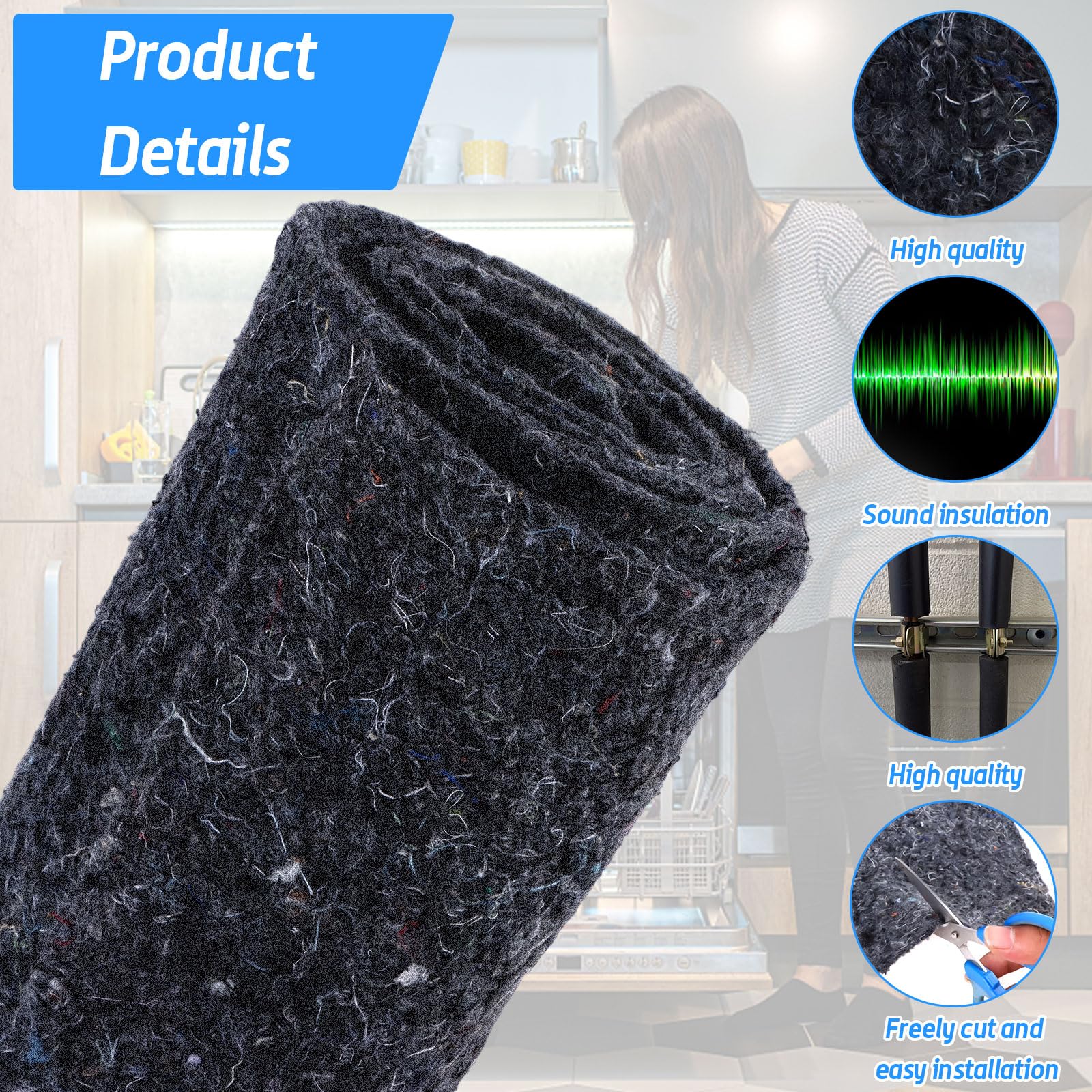 2 Pack Dishwasher Insulation Blanket 16x96x0.2 Inches - Cotton Soundproofing Acoustic Blanket for Noise Reduction, Washing Machine, Oven, Stove, Wall Pipe - Perfect for Home Kitchen & Laundry Room (Grey)