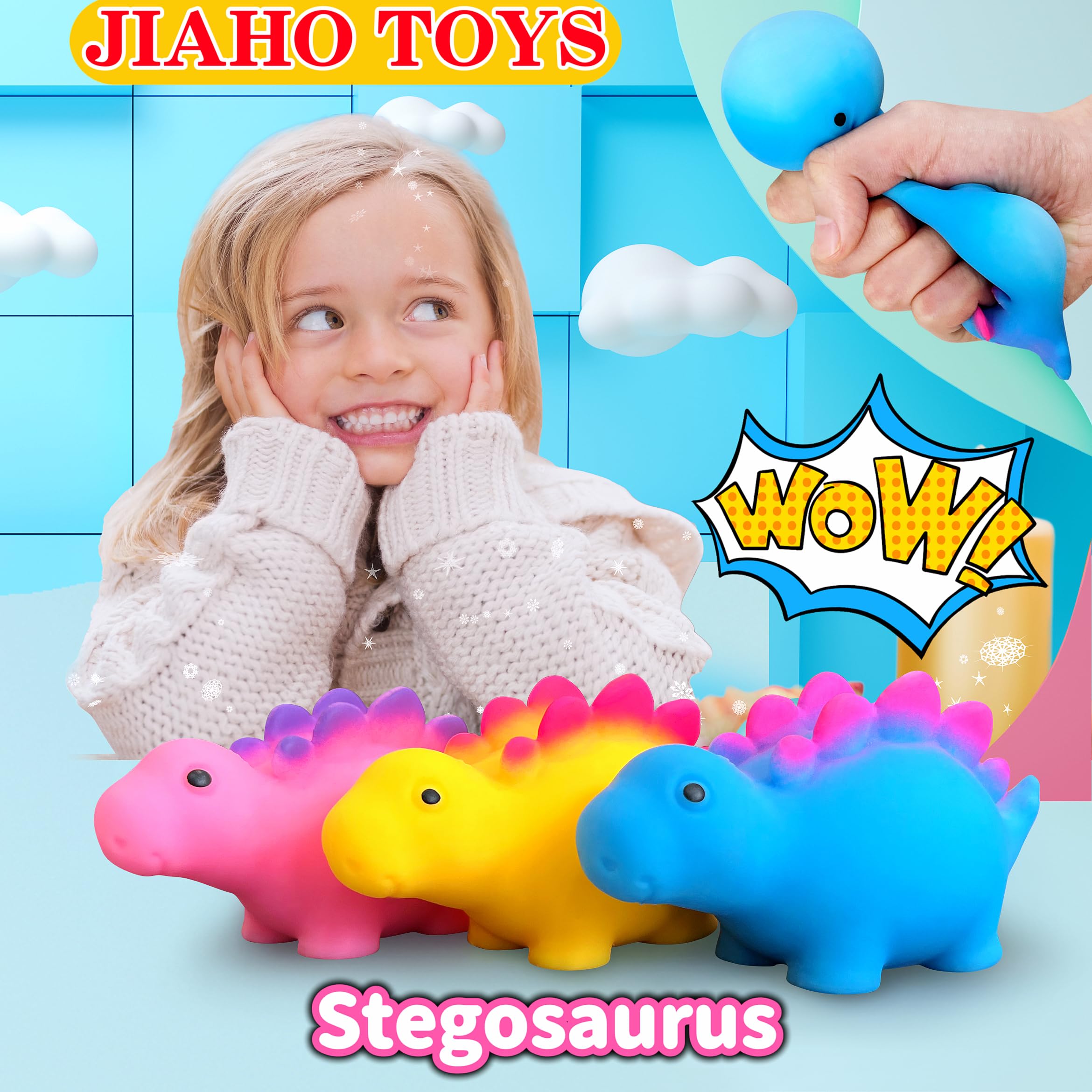 Stegosaurus Squishy Stress Balls - Dinosaur Squeeze Toys for Kids & Adults | Stretchy Fidget Toys for Anxiety Relief, Sensory Play & Classroom Rewards | Blue Dinosaur Sensory Toys for Stress Relief, Office Desk & Travel Companion