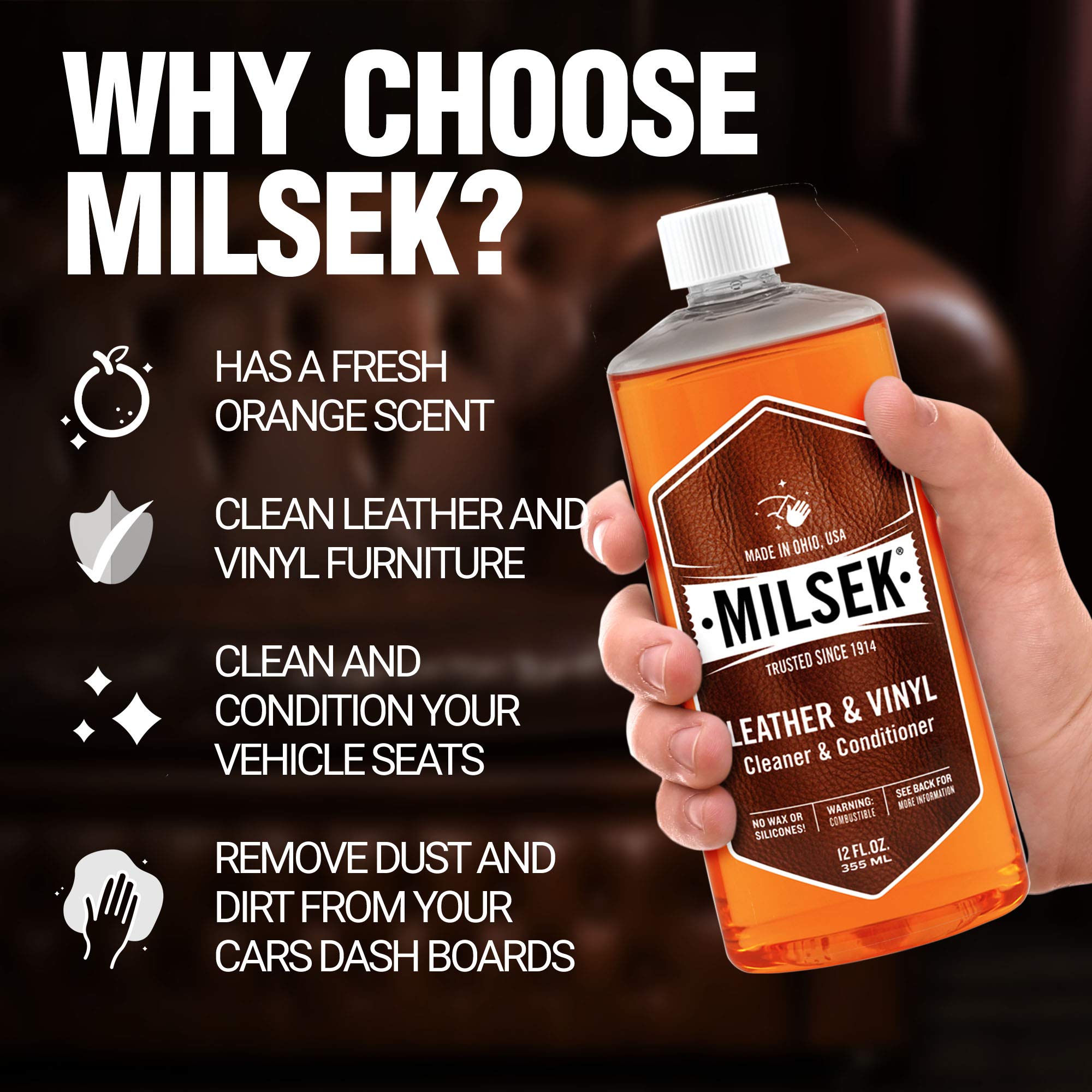 Milsek Leather & Vinyl Cleaner & Conditioner - 12 Fl Oz (Pack of 12) - Professional Cleaning Kit for Leather Furniture, Car Seats, Shoes, Handbags & More - Restores Shine & Protects Surfaces - Perfect for Home, Office & Auto Care