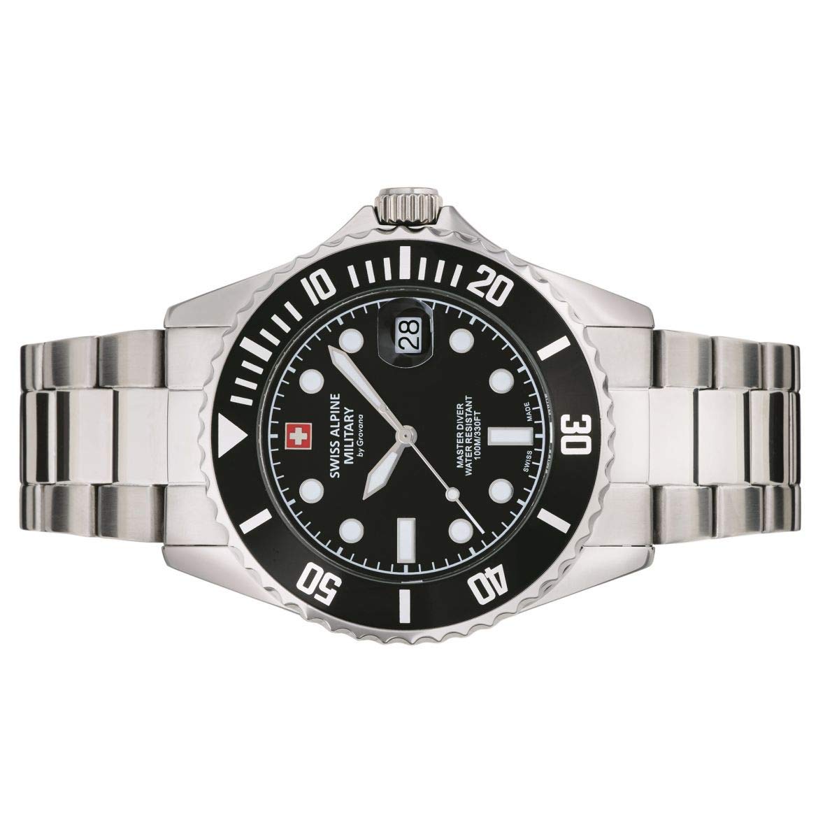 Swiss Alpine Military Men's Diving Watch - Master-Dive Analog Quartz Watch with 7053.1 Stainless Steel Case & Steel/Black/Black Band (Model 1137sam) - Perfect for Outdoor Adventures, Water Sports and Everyday Wear