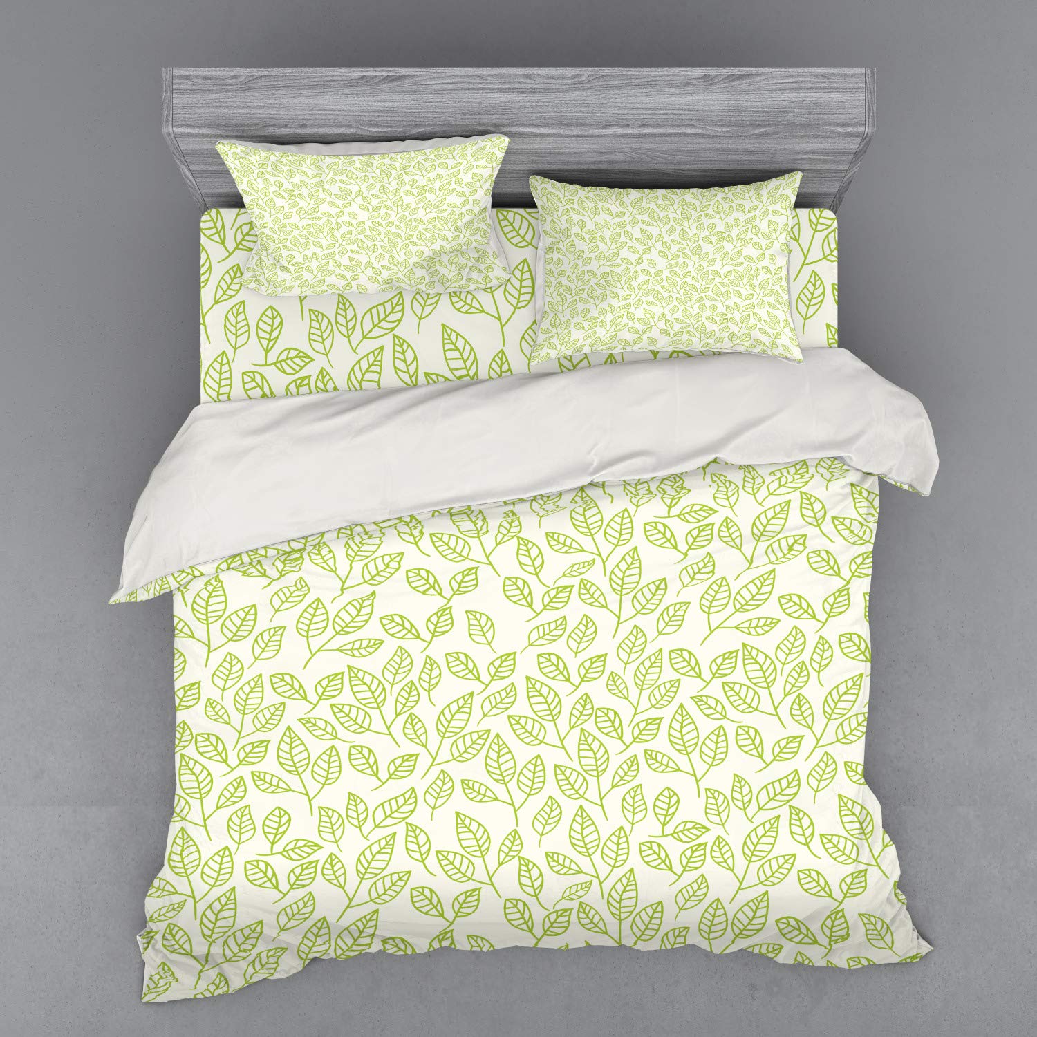 Ambesonne Green Tea Leaf Bedding Set - 4 Piece King Size Duvet Cover with Shams & Fitted Sheet, Watercolor Botanical Pattern, Contemporary Home Decor for Bedroom, Guest Room or Vacation House