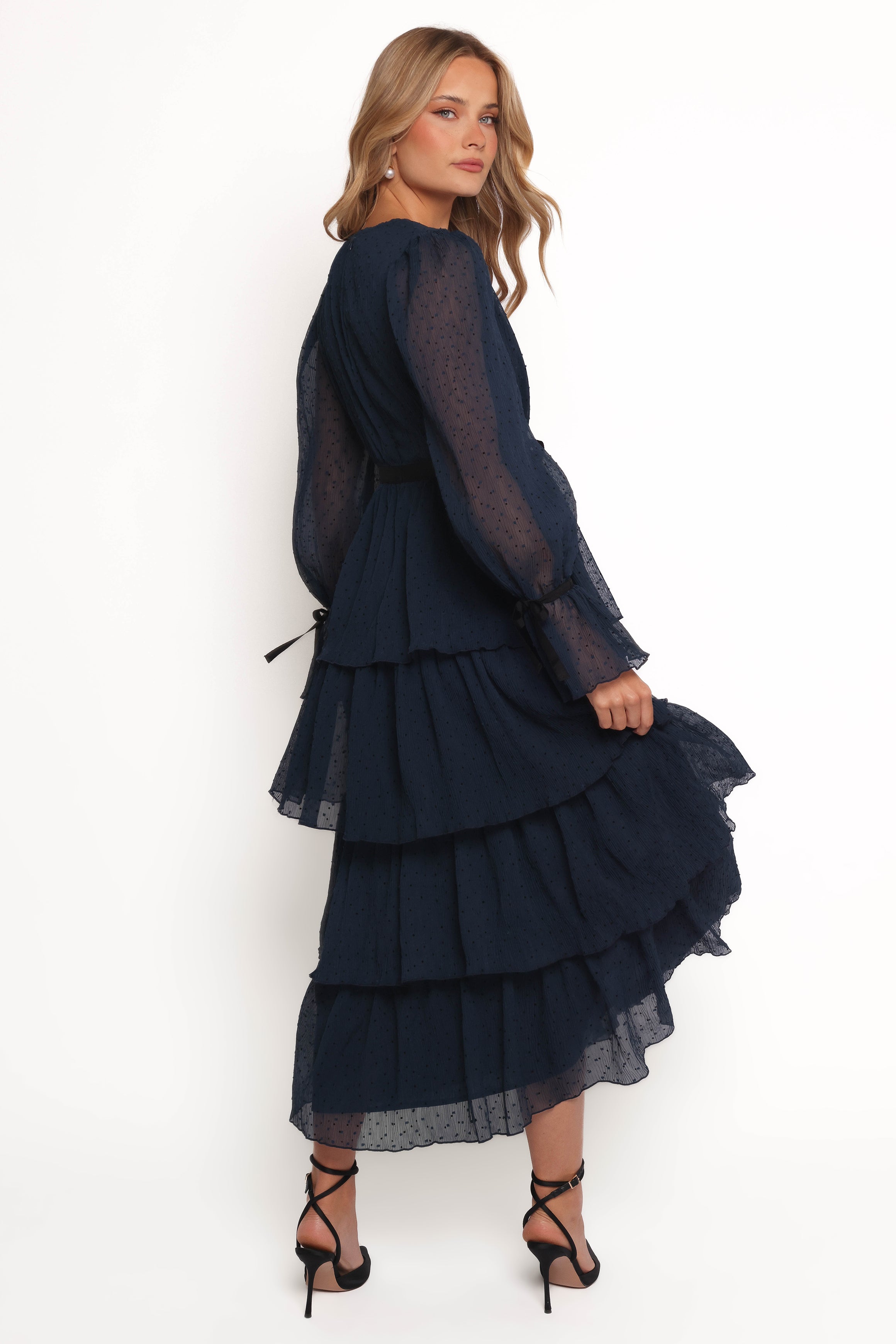 Antoinette Women's Long Sleeve Tiered Maxi Dress in Navy Blue - Elegant Boho Flowy Dress for Weddings, Parties & Special Occasions