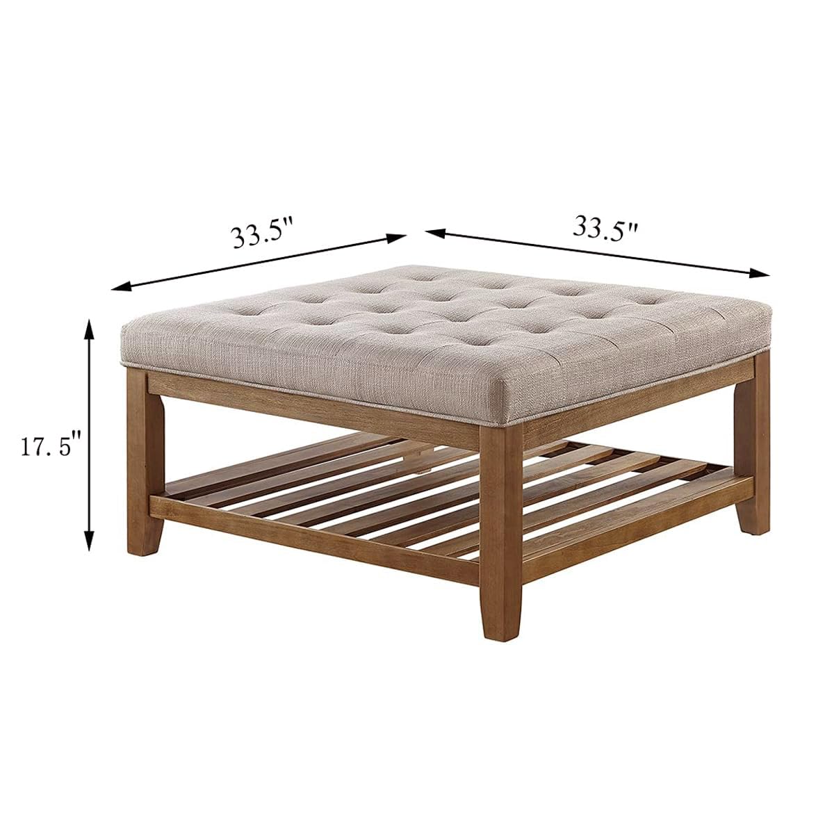 24K Gold Large Square Upholstered Tufted Linen Ottoman Coffee Table with Solid Wood Shelf - Multi-Functional Footrest, Storage Bench for Living Room, Bedroom & Office