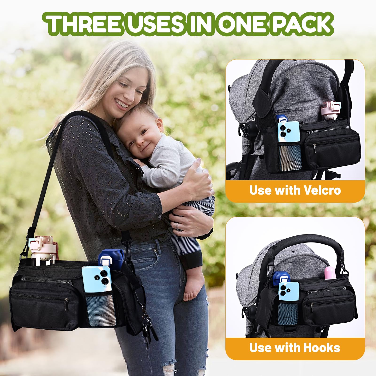 Universal Stroller Organizer & Cup Holder - Fits Doona, Evenflo Shyft Dualride, Uppababy Vista V2 & More | Perfect for Diaper Bags, Snacks & Drinks on Stroller Walks