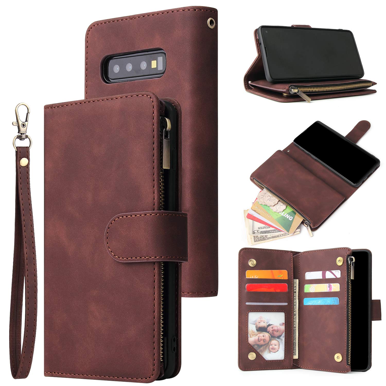 Premium PU Leather Wallet Case for Samsung Galaxy S10 Plus - Magnetic Closure, Kickstand, Card Slots & Hand Strap | Stylish Marble Flip Cover for Women (Coffee) | Perfect for Daily Use, Travel & Business Meetings