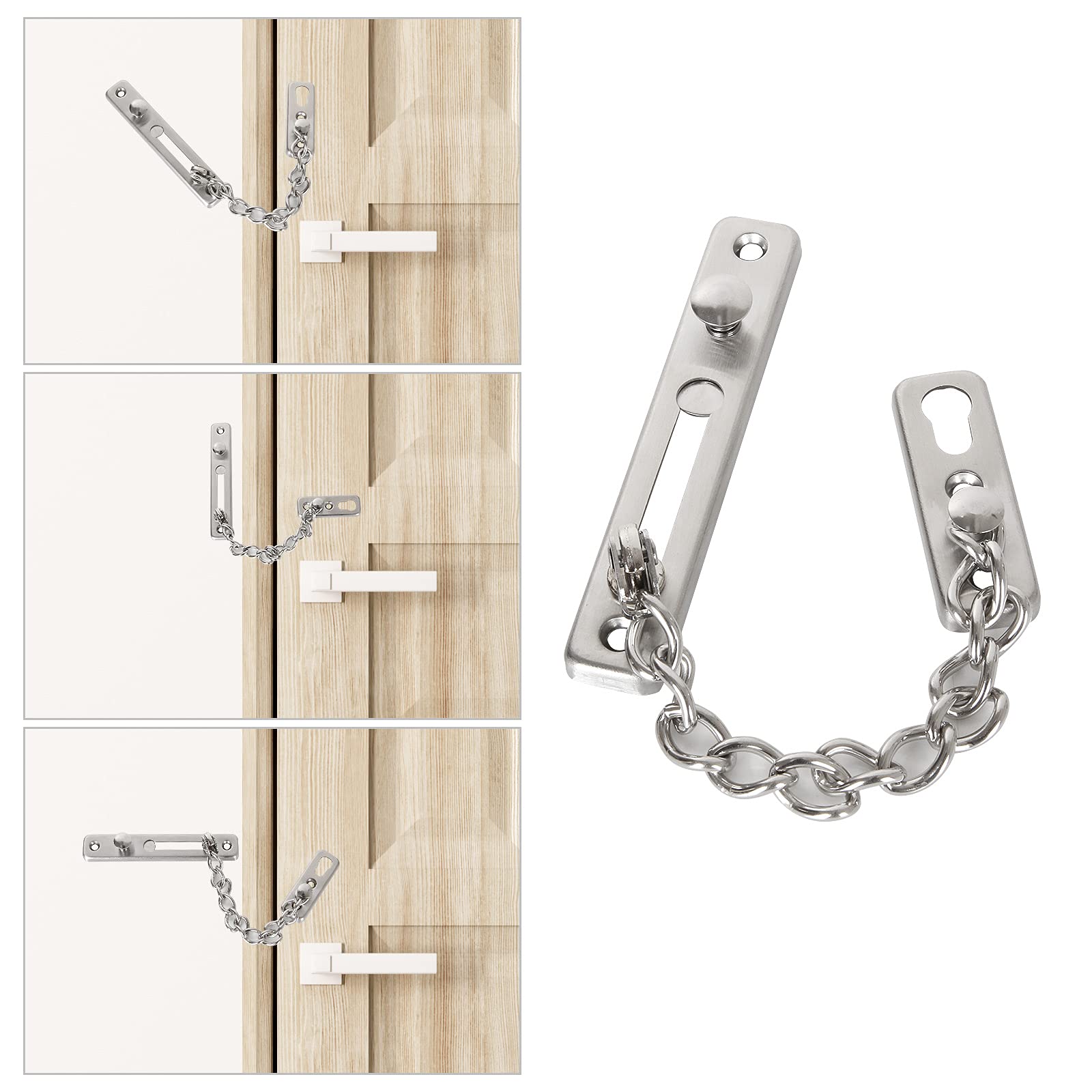 Heavy Duty Stainless Steel Door Security Chain Lock - 5 Pack Anti-Theft Spring Press Lock with Screws for Home & Apartment Safety - Silver Polished Finish for Interior/Exterior Doors