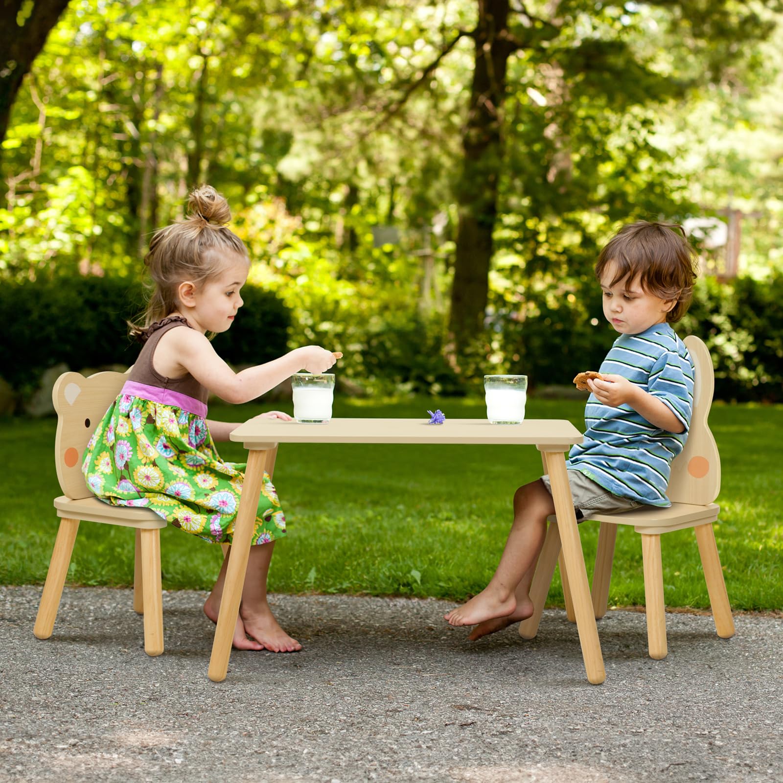 OOOK Wooden Kids Table and Chair Set - Waterproof Toddler Table with 2 Adorable Animal Chairs for Playroom, Preschool, and Home Learning Activities