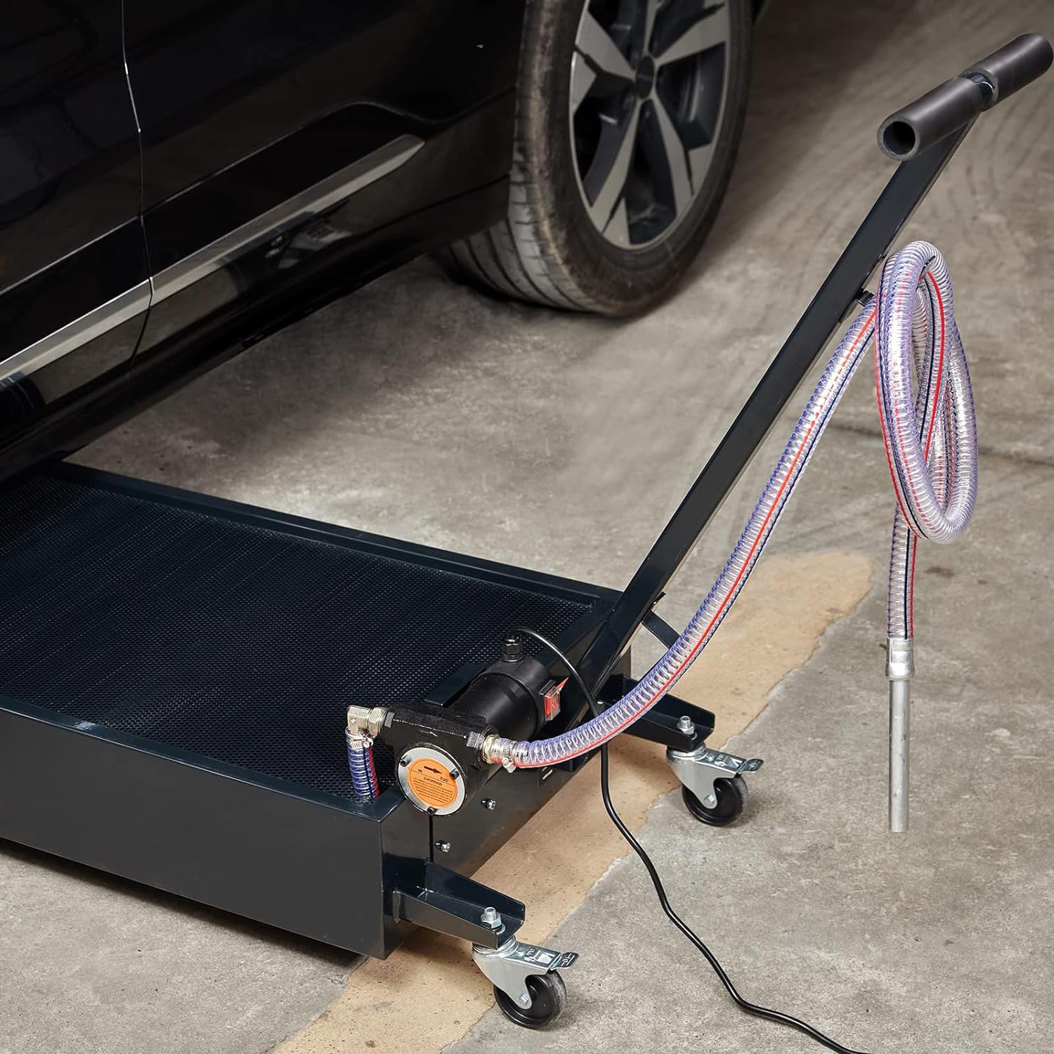 VEVOR 20 Gallon Low Profile Oil Drain Pan with Electric Pump - 8.2ft Hose & Folding Handle - Rolling Oil Drain Cart for Trucks, Buses, RVs - Perfect for DIY Oil Changes and Professional Garage Use