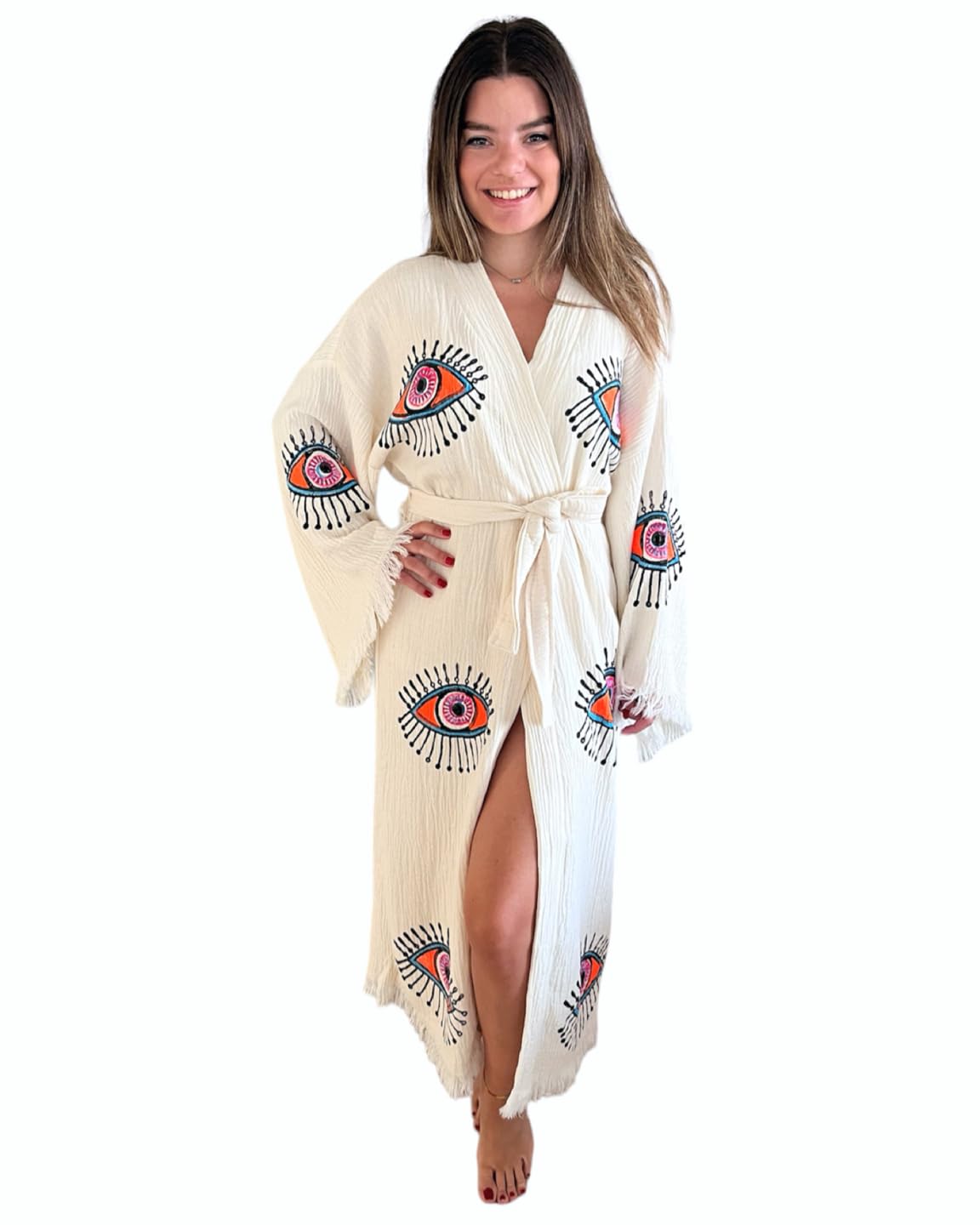 Handmade Evil Eye Kimono - Women's Beach Cover Up, Festival Bohemian Robe, Boho Cotton Cardigan & Dressing Gown for Summer, Poolside, Music Festivals & Relaxation at Home