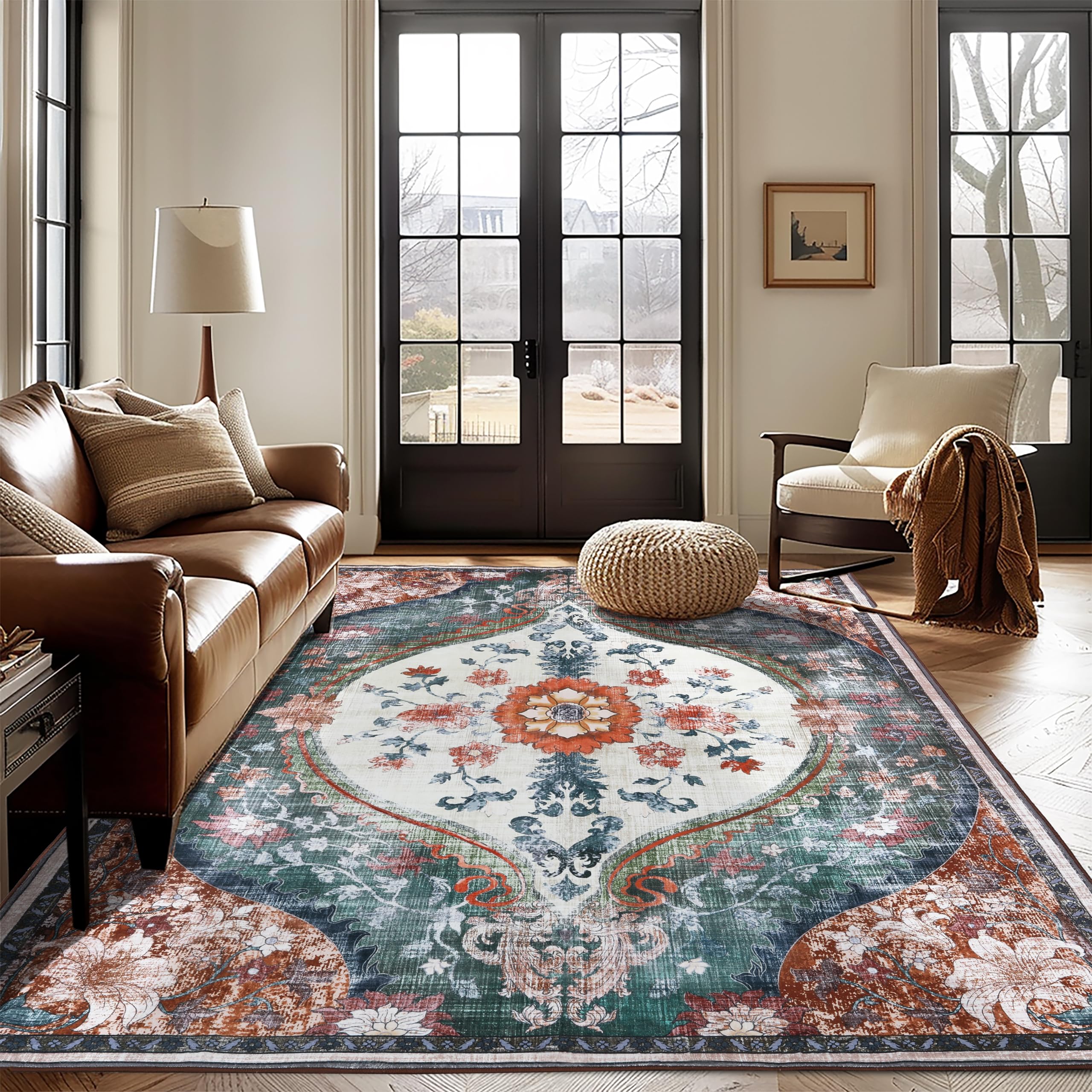 8x10ft Boho Washable Non-Slip Area Rug - Distressed Printed Carpet for Living Room, Dining Room, Bedroom & Playroom | Indoor Home Decor (Beige/Orange) | Perfect for Bohemian Style Homes & Cozy Spaces