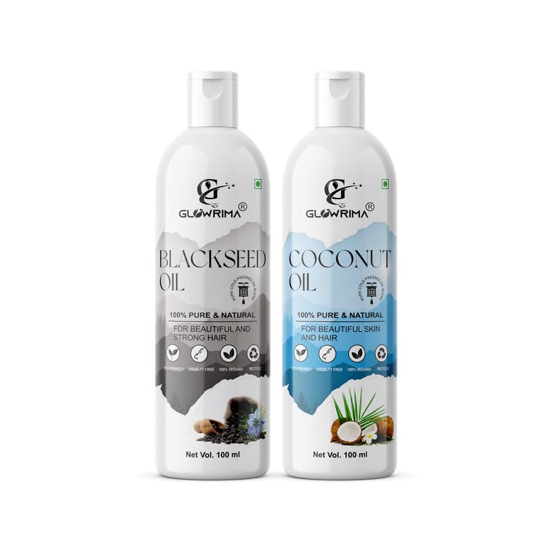 Glowrima 100% Pure Black Seed Oil & Coconut Oil Combo (100ML Each) - Promotes Fast Hair Growth, Reduces Hair Fall, Repairs Split Ends for Soft & Shiny Hair - Natural Hair Care Treatment for Men & Women - Perfect for Daily Hair Routine & Scalp Massage