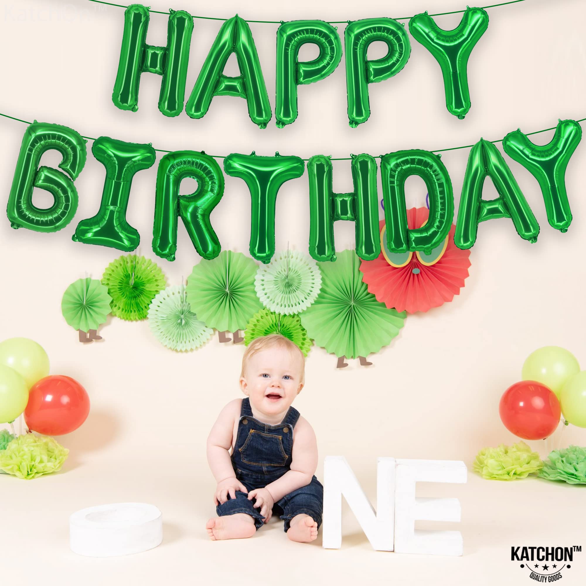 KatchOn 16 Inch Green Happy Birthday Balloons & Banner Set - Jungle Themed Party Decorations for Women, Emerald Green Birthday Sign - Perfect for Jungle Theme Parties, Birthday Celebrations, and Special Events