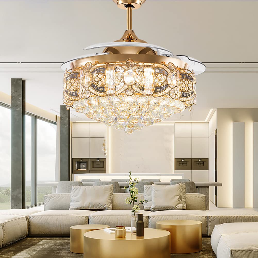 Modern Crystal Ceiling Fan with Lights & Remote - Invisible Retractable Chandelier Fan with 3 LED Light Settings, Rose Gold - Perfect for Dining Room, Bedroom, Living Room & Home Decor