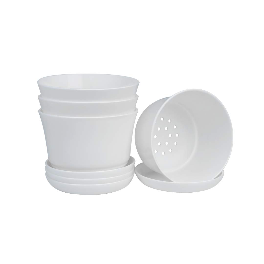 4 Inch White Plastic Plant Pots with Drainage - Modern Decorative Flower Planters for Indoor Plants, Herbs, Succulents & Foliage (Set of 4) - Perfect for Home Decor, Office Desk & Garden Planting