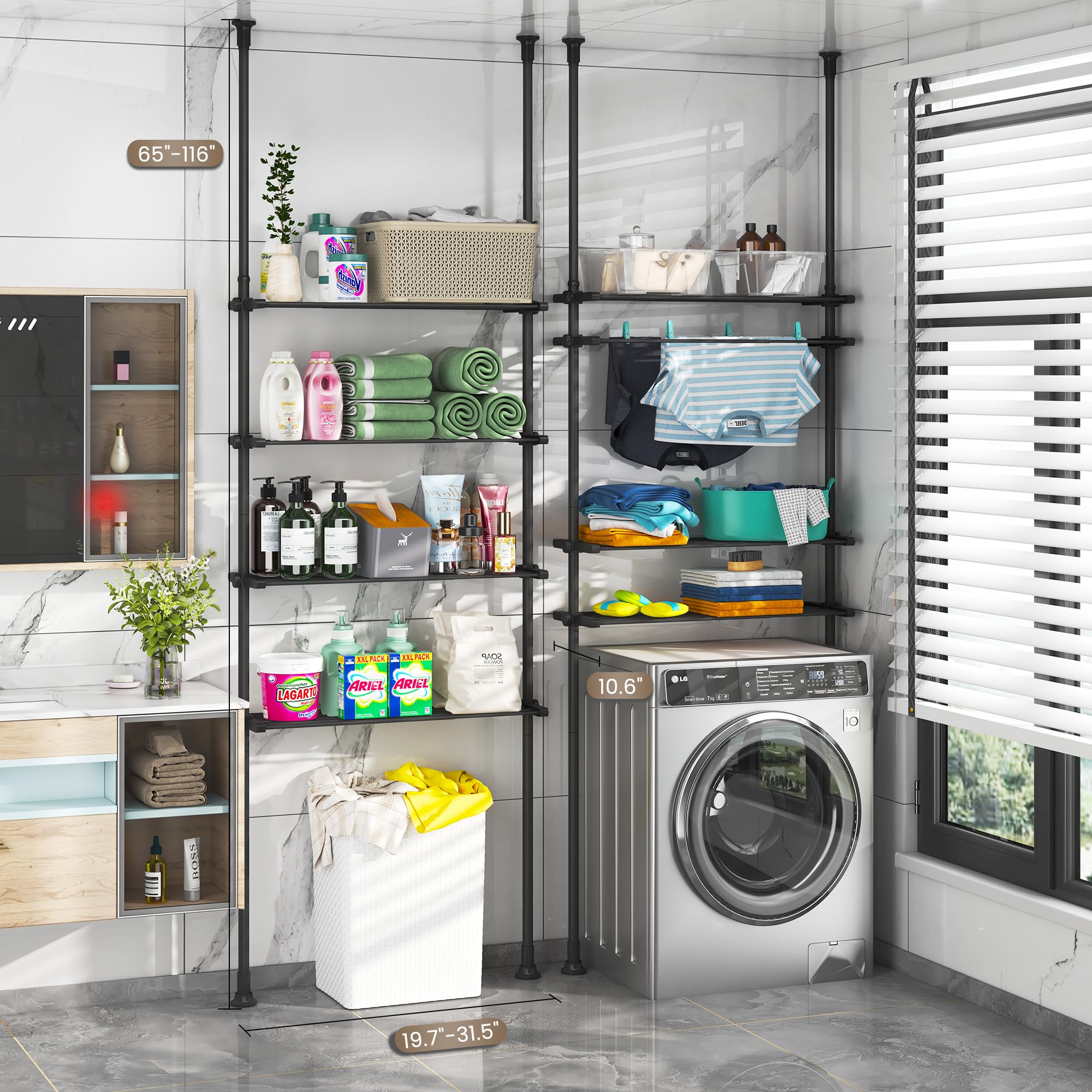 DYN Ptah 4-Tier Over Toilet Bathroom Organizer - Adjustable Floor to Ceiling Storage Rack with Tension Poles & Shelves - Metal Black - Perfect for Small Bathrooms, Apartments & Space-Saving Storage