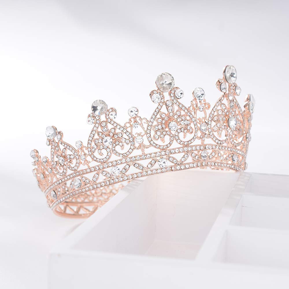 Rose Gold Crystal Crown for Women - Full Round Queen Tiara Headpiece for Pageant, Wedding, Bridal & Costume Parties | Elegant Party Accessory for Prom, Birthday & Special Events