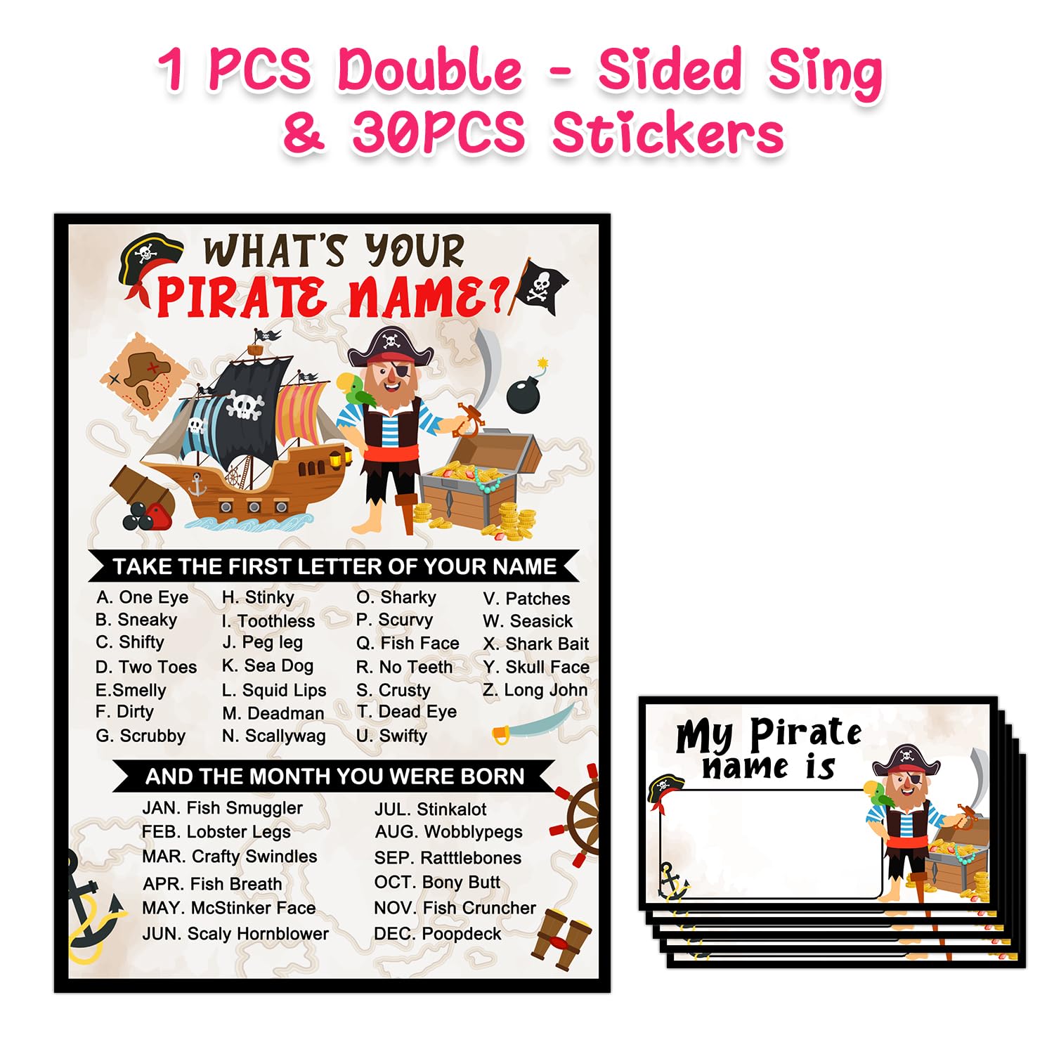 Pirate Name Game Set with Sign & 30 Cards - Fun Pirate Birthday Party Decorations for Boys - Perfect for Pirate Themed Parties, Treasure Hunts & Holiday Activities