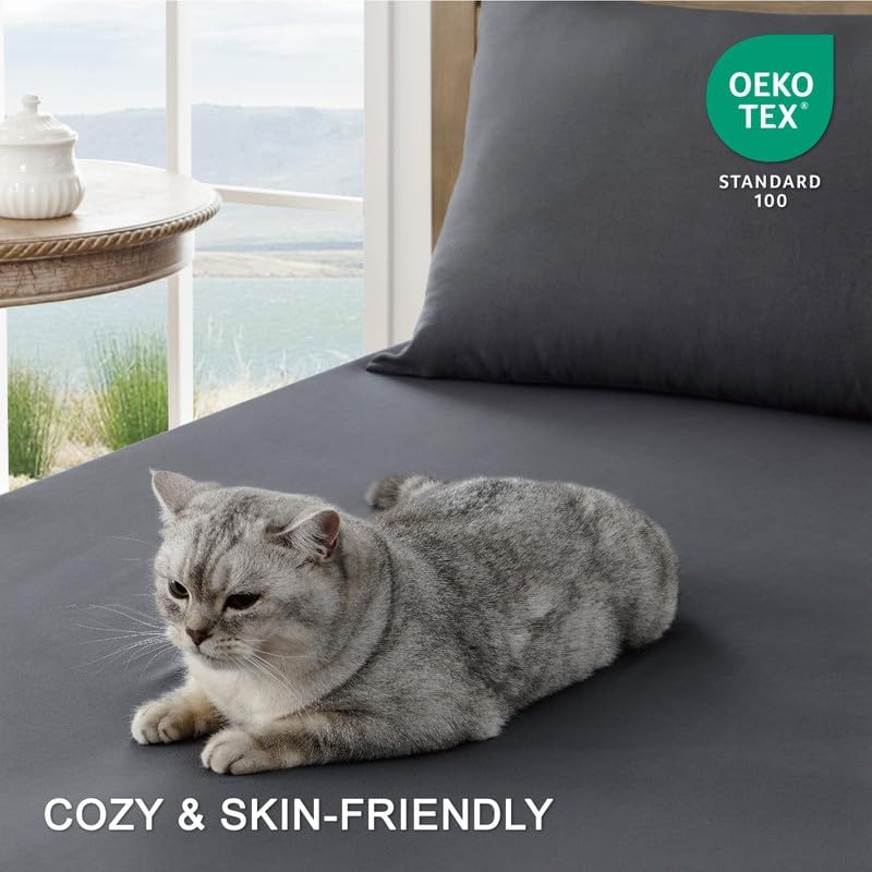 FreshCulture Queen Sheet Set - Ultra Soft Brushed Microfiber Bed Sheets for Queen Size Bed with Deep Pockets | Cooling, Breathable & Easy Care | 4-Piece Luxury Hotel Quality Bedding (Dark Grey) - Perfect for Home, Dorm, Guest Room & Airbnb
