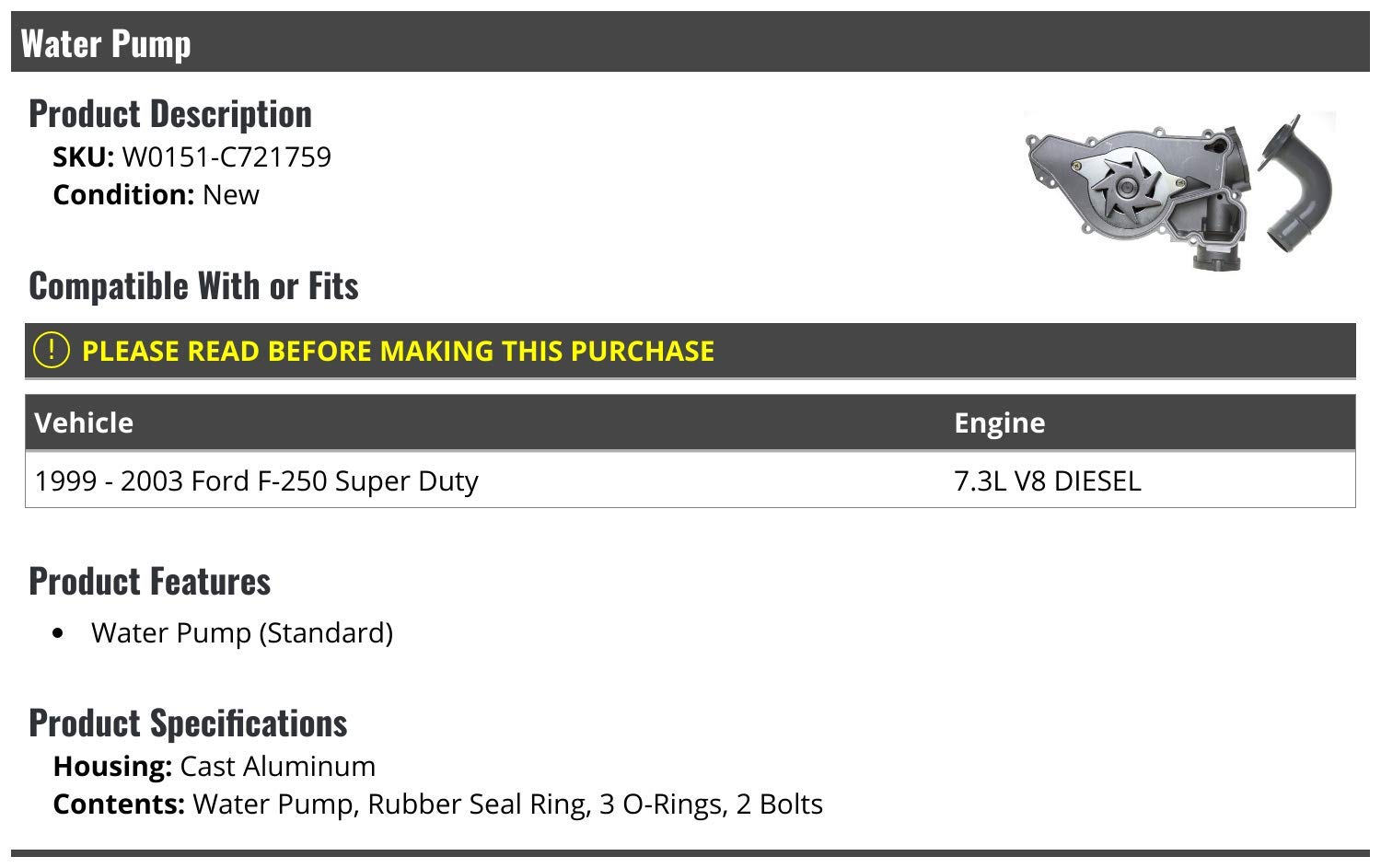 Ford F250 7.3L Diesel Water Pump Kit (1999-2003) - for Engine Cooling System