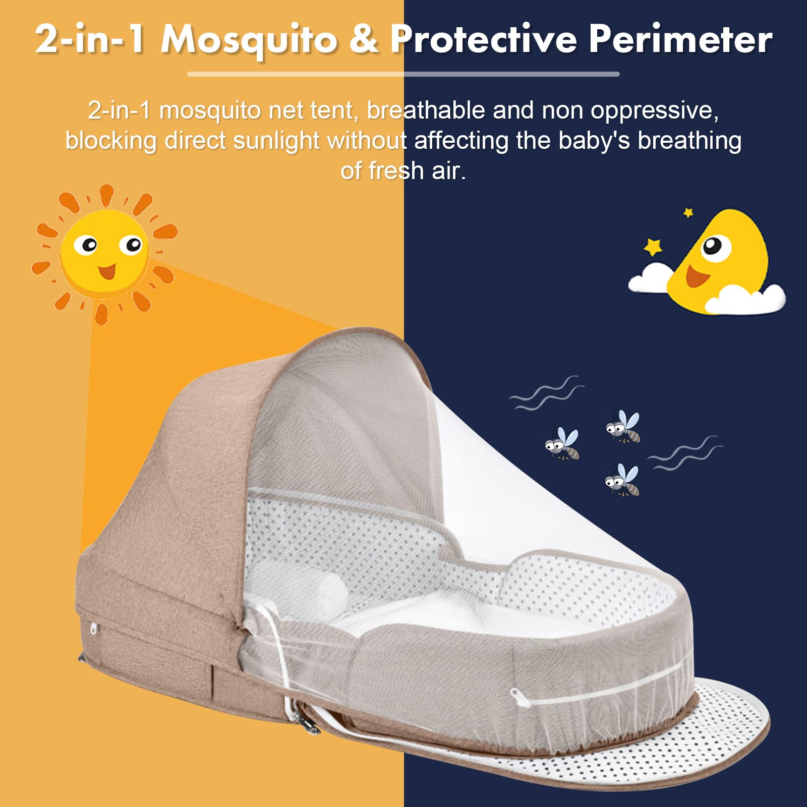 Portable Baby Travel Bassinet with Mosquito Net & Canopy – Foldable Lightweight Co-Sleeping Bed for Infants, Anti-Pressure Design – Ideal for Airplane, Camping & Family Trips (Beige)