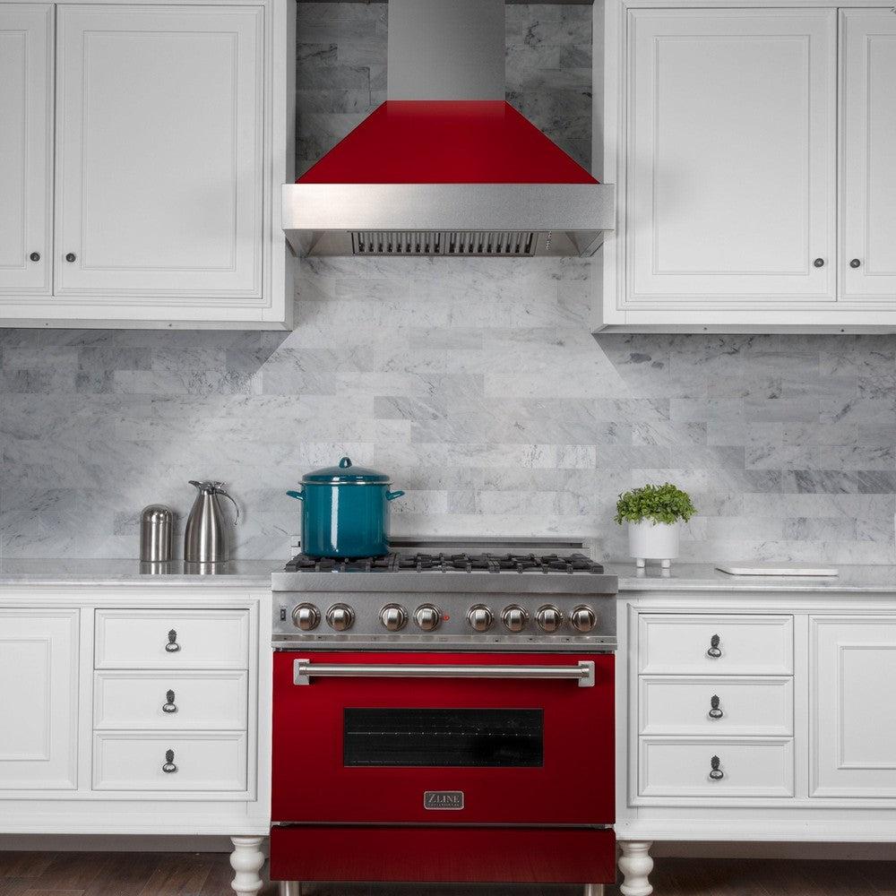 ZLINE 36 Inch Professional Wall Mount Range Hood - Stainless Steel Ducted Vent Hood with Red Gloss Shell (8654RG 36) | Powerful Kitchen Exhaust Fan for Gas Stove | Perfect for Modern Home Cooking & BBQ