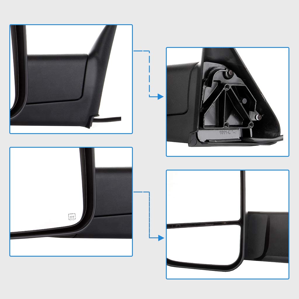 CCiyu Black Power-Adjusted Heated Towing Mirrors - Compatible with 1998-2001 Dodge Ram 1500/2500/3500 Trucks (LH Left & RH Right) - Perfect for Enhanced Visibility While Towing Trailers or Heavy Loads