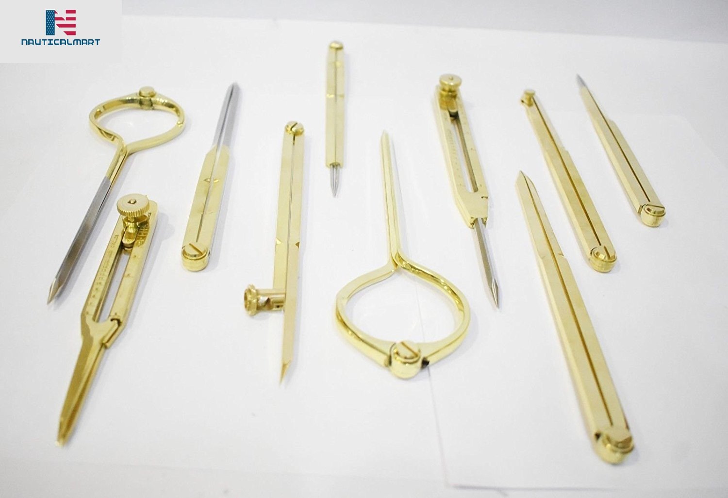 NauticalMart 10-Piece Brass Drafting Tools Set - Precision Scientific Instruments, Dividers & Measuring Tools for Engineers, Architects & Students - Perfect for Technical Drawing, Blueprint Design & School Projects