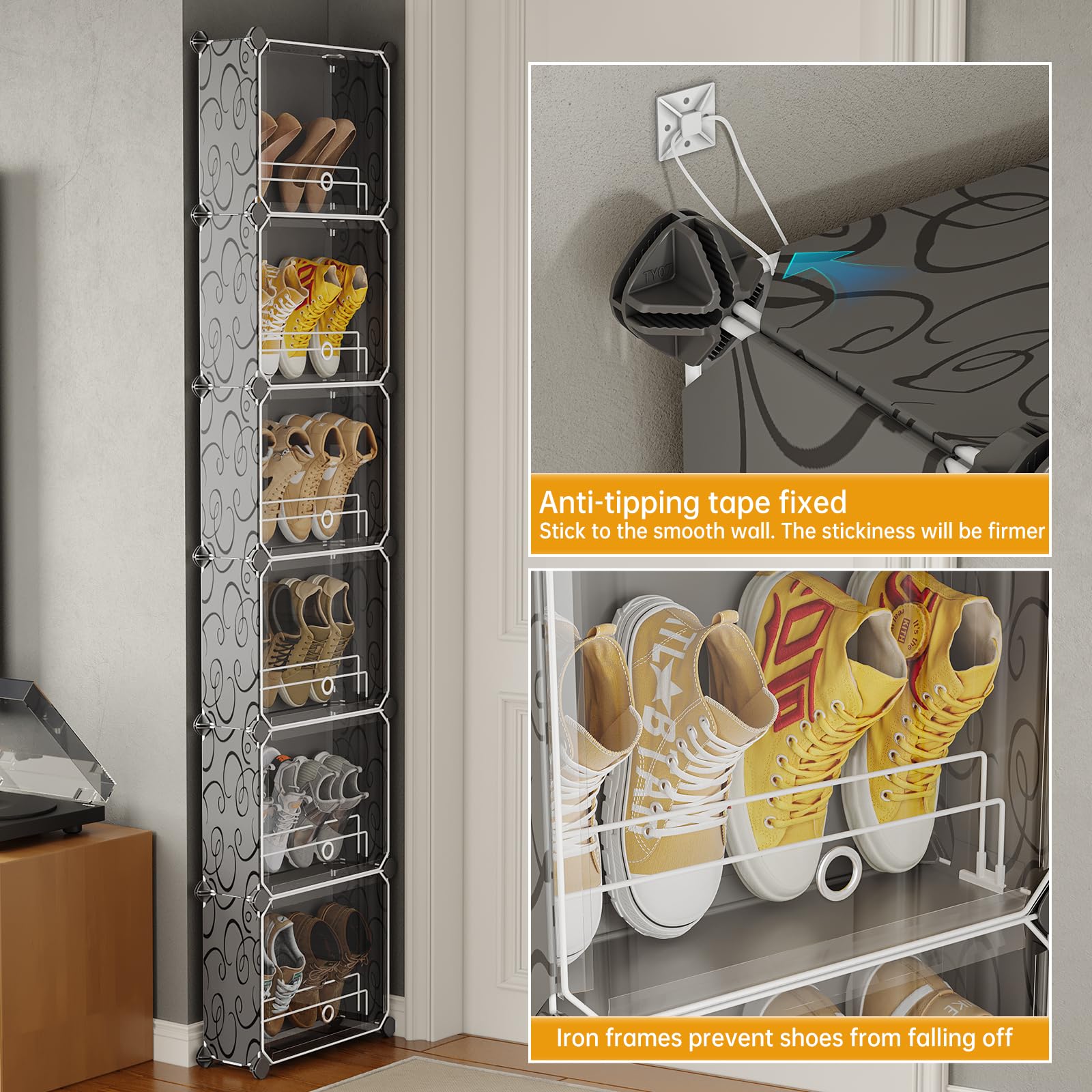 MAGINELS 6-Tier Shoe Rack Organizer with Cover - Slim Space-Saving Shoe Storage Cabinet for Closet, Entryway, Behind Door - Black | Perfect for Small Spaces, Apartments & Dorm Rooms
